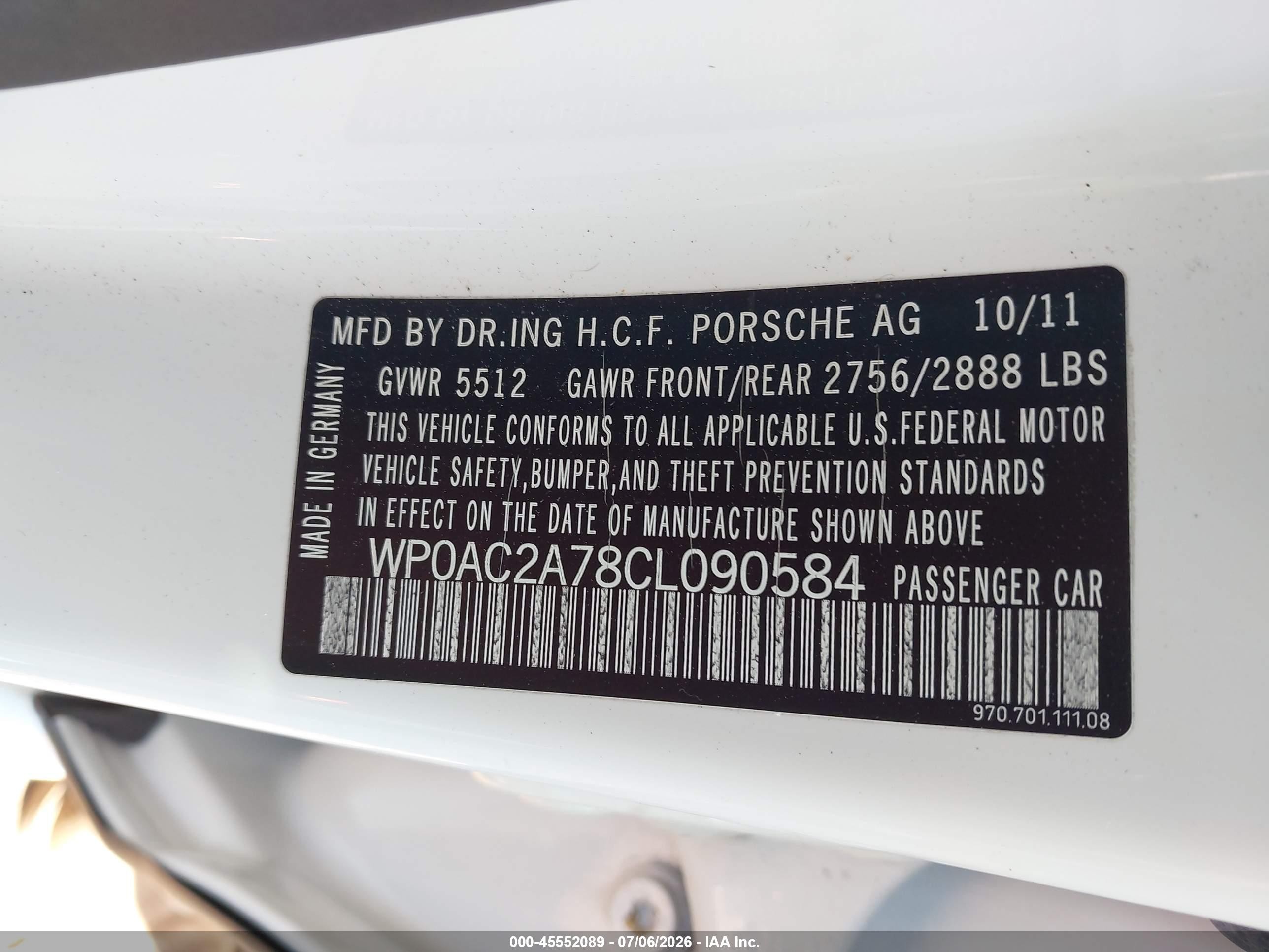 2012 Porsche Panamera Turbo White vin: WP0AC2A78CL090584