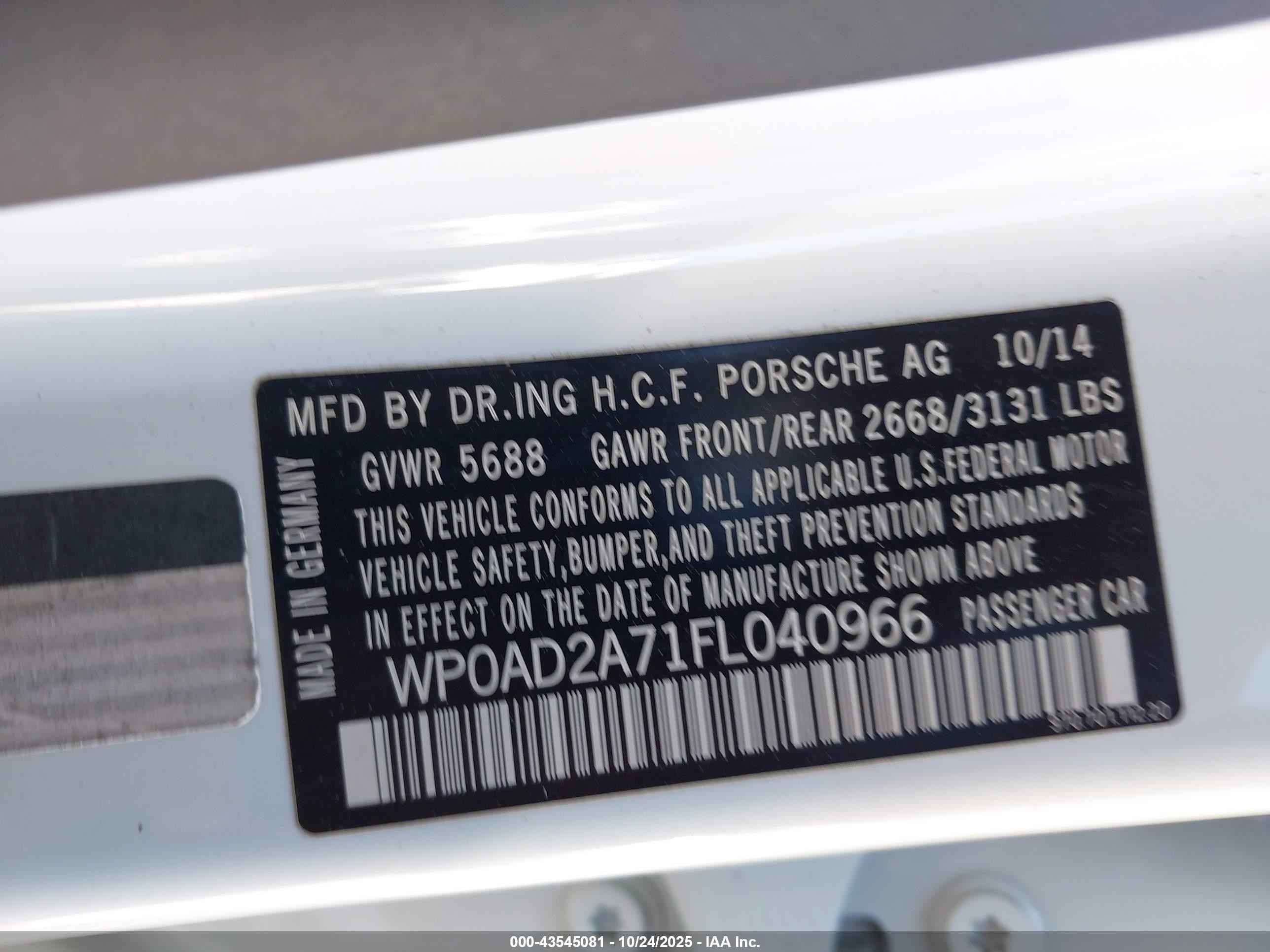 2015 Porsche Panamera E-hybrid S Белый vin: WP0AD2A71FL040966