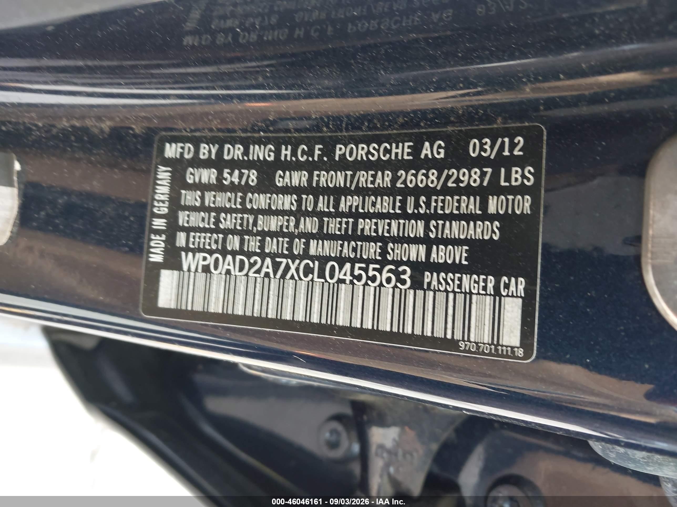 2012 Porsche Panamera Hybrid S Blue vin: WP0AD2A7XCL045563