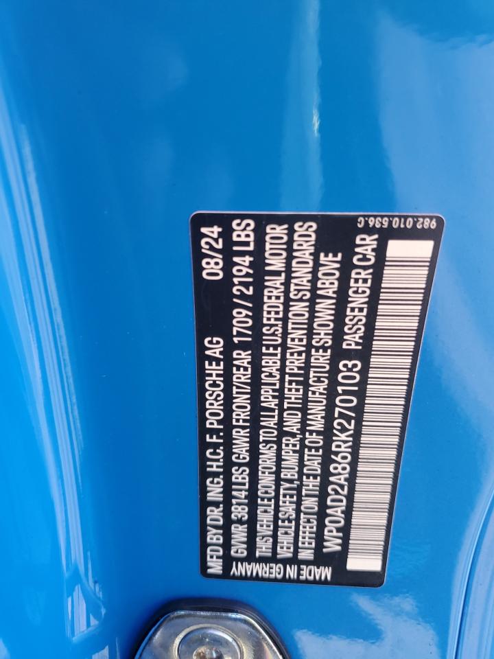 2024 Porsche Cayman Gts Blue vin: WP0AD2A86RK270103