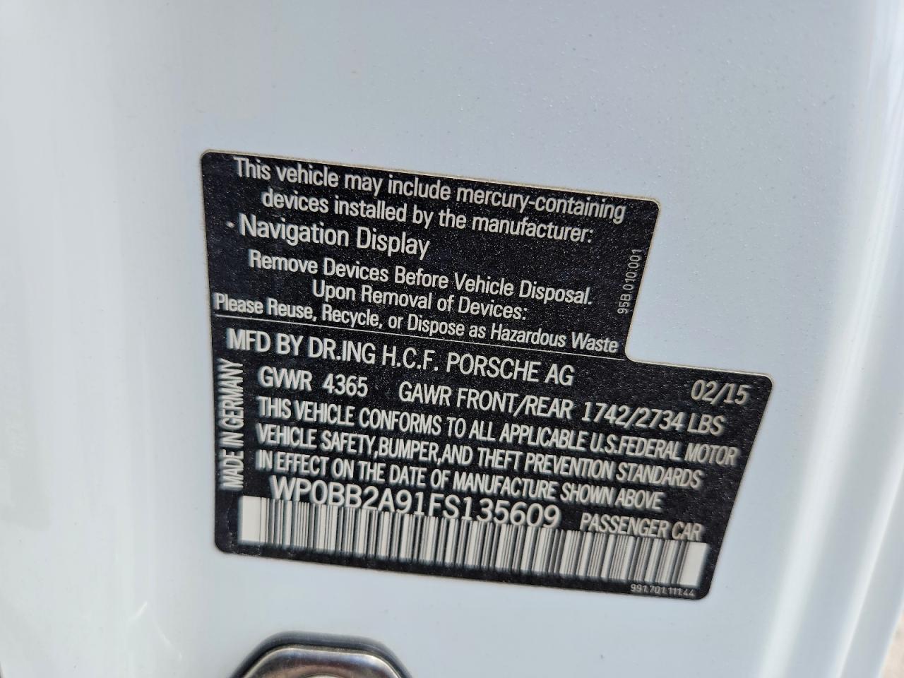 2015 Porsche 911 Targa S White vin: WP0BB2A91FS135609