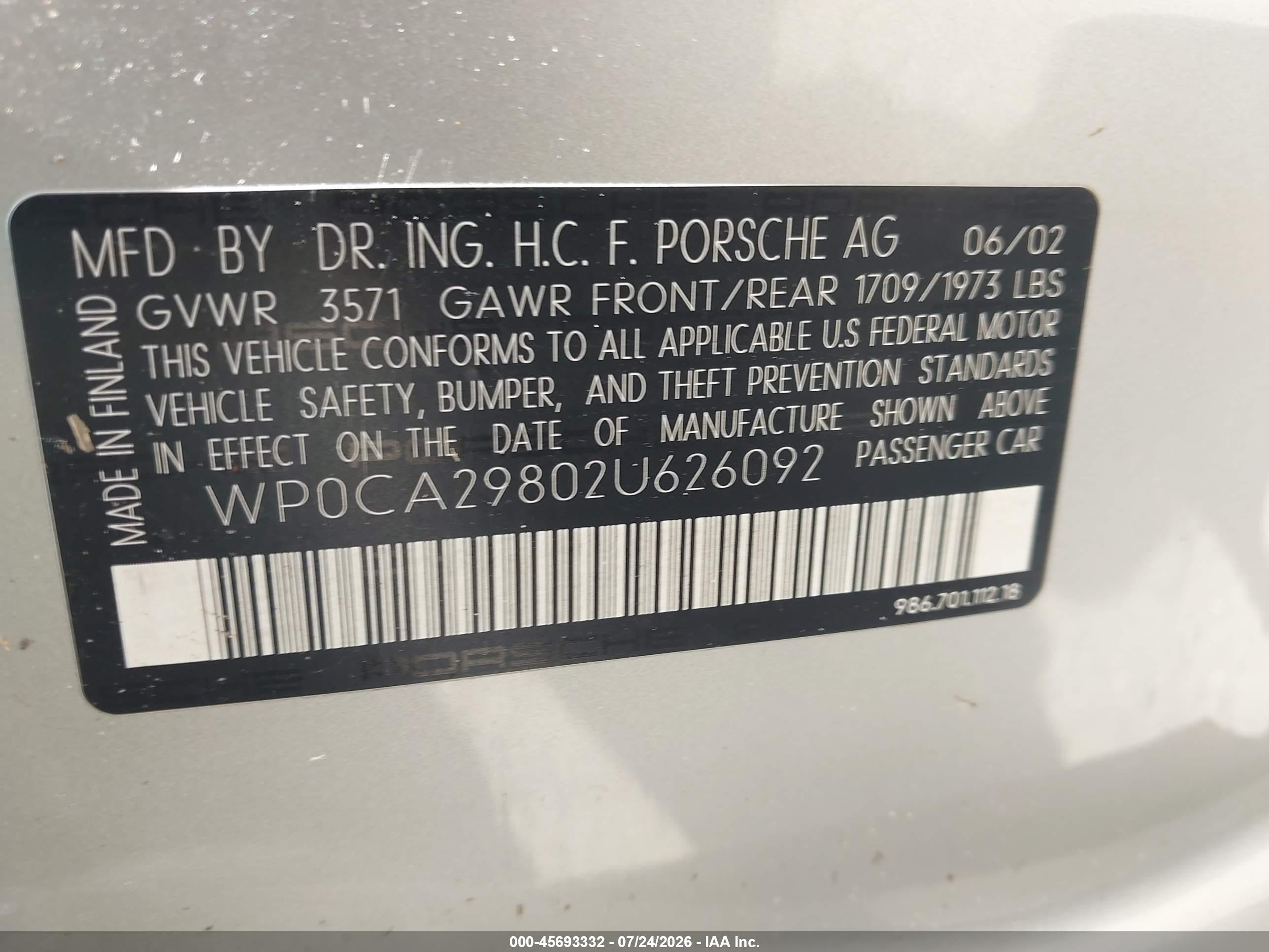2002 Porsche Boxster   Silver vin: WP0CA29802U626092
