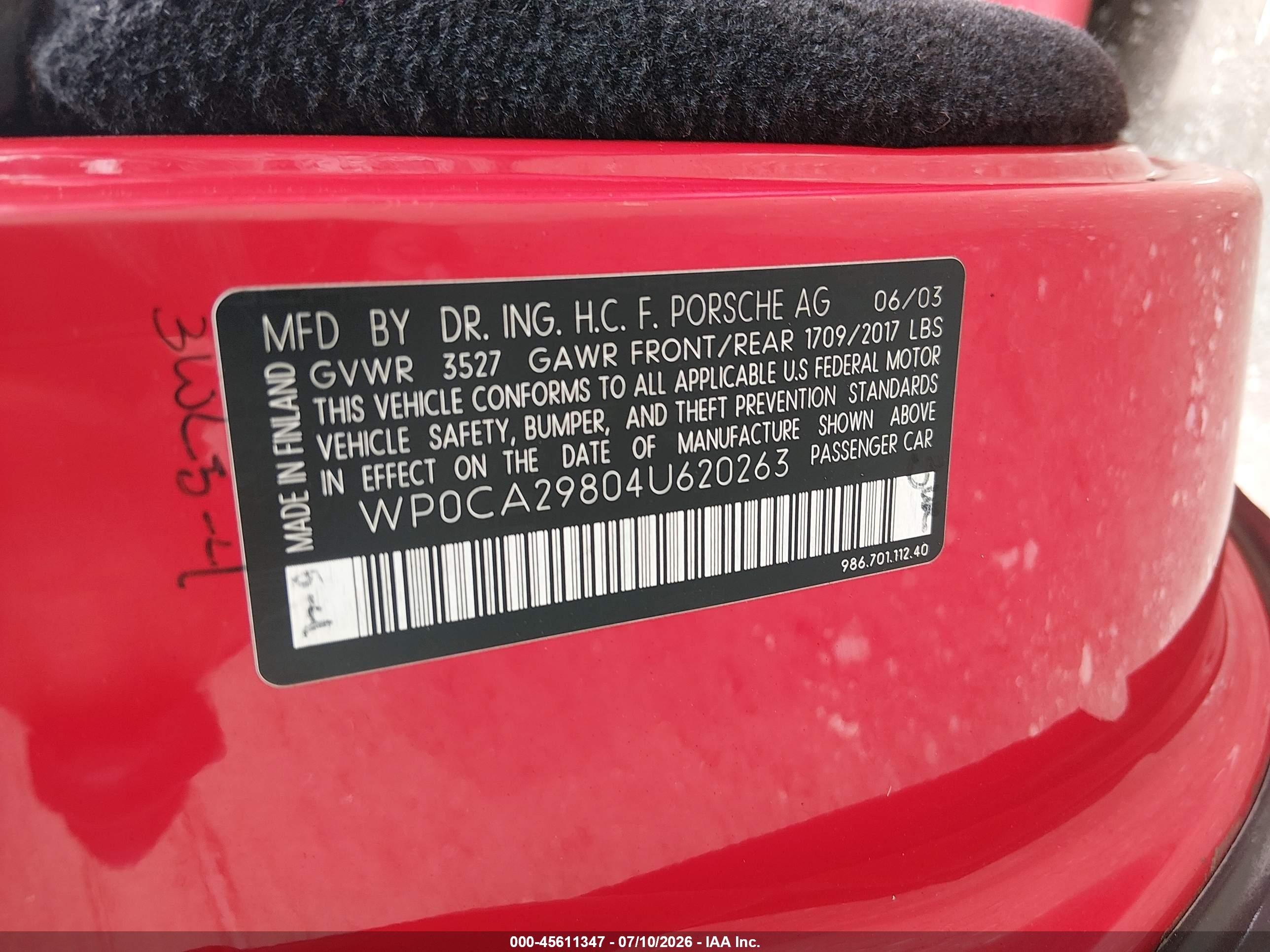 2004 Porsche Boxster   Red vin: WP0CA29804U620263