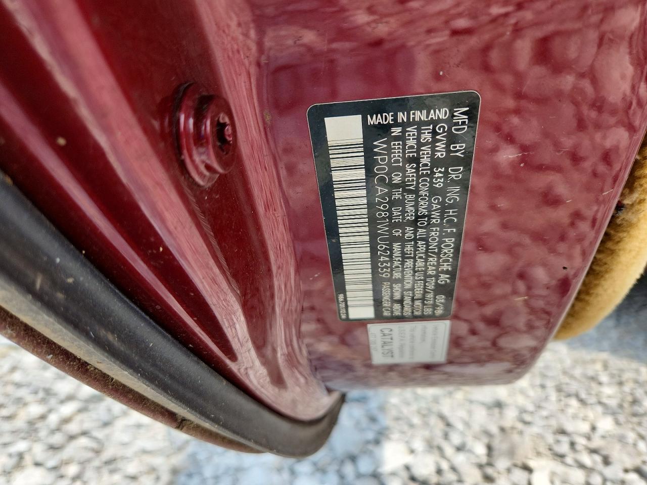 1998 Porsche Boxster Maroon vin: WP0CA2981WU624339