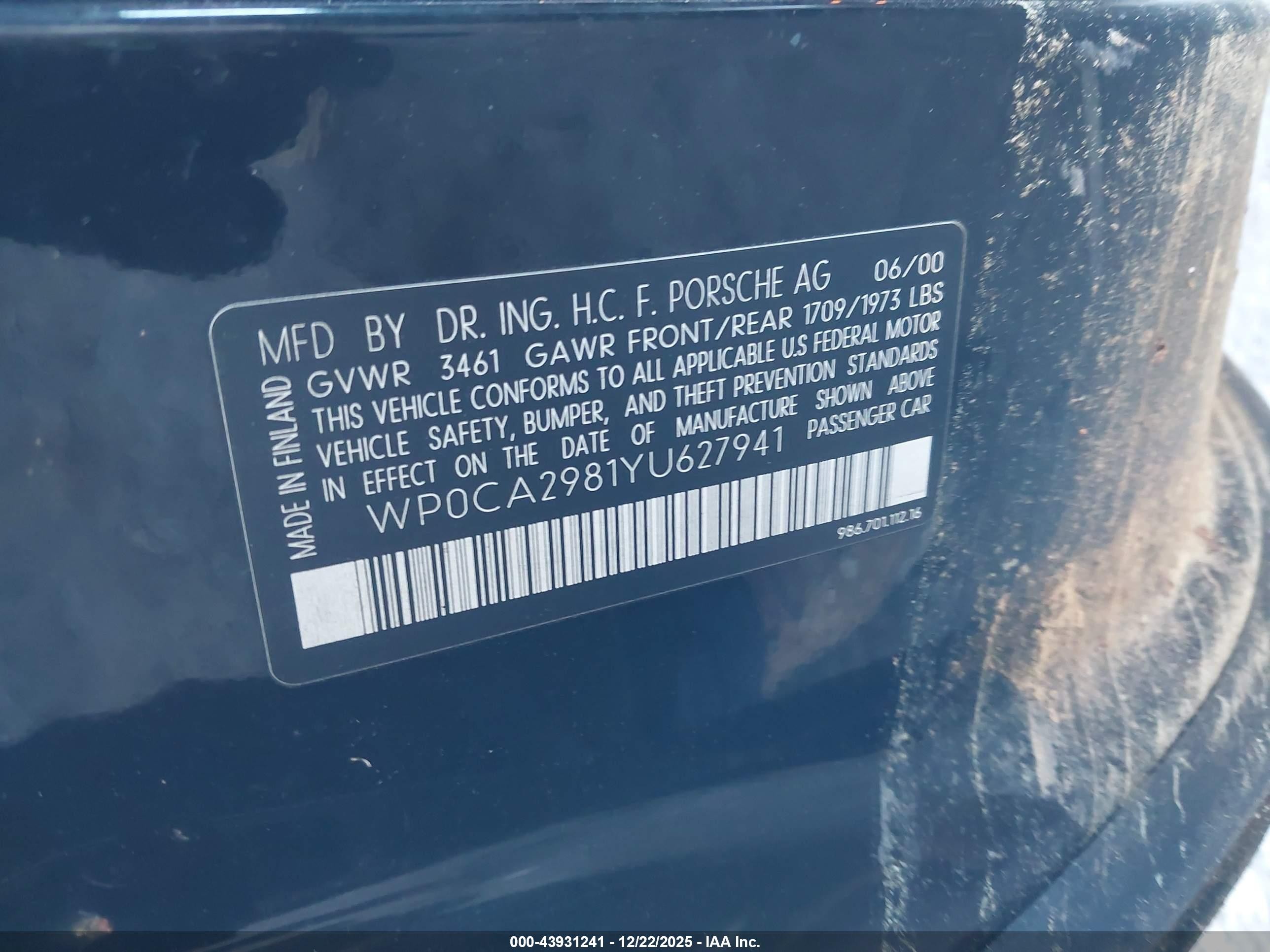 2000 Porsche Boxster   Black vin: WP0CA2981YU627941