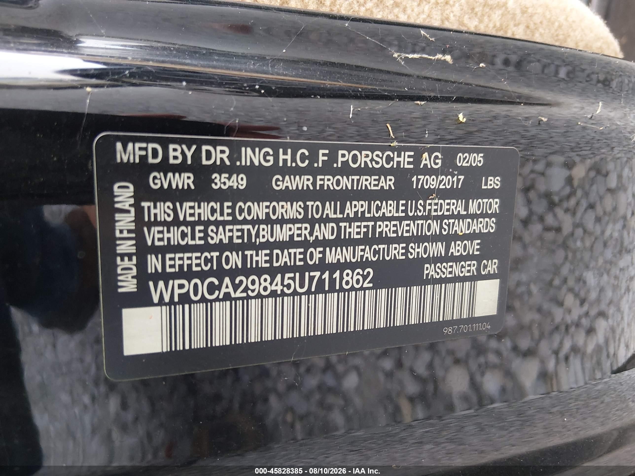 2005 Porsche Boxster   Black vin: WP0CA29845U711862