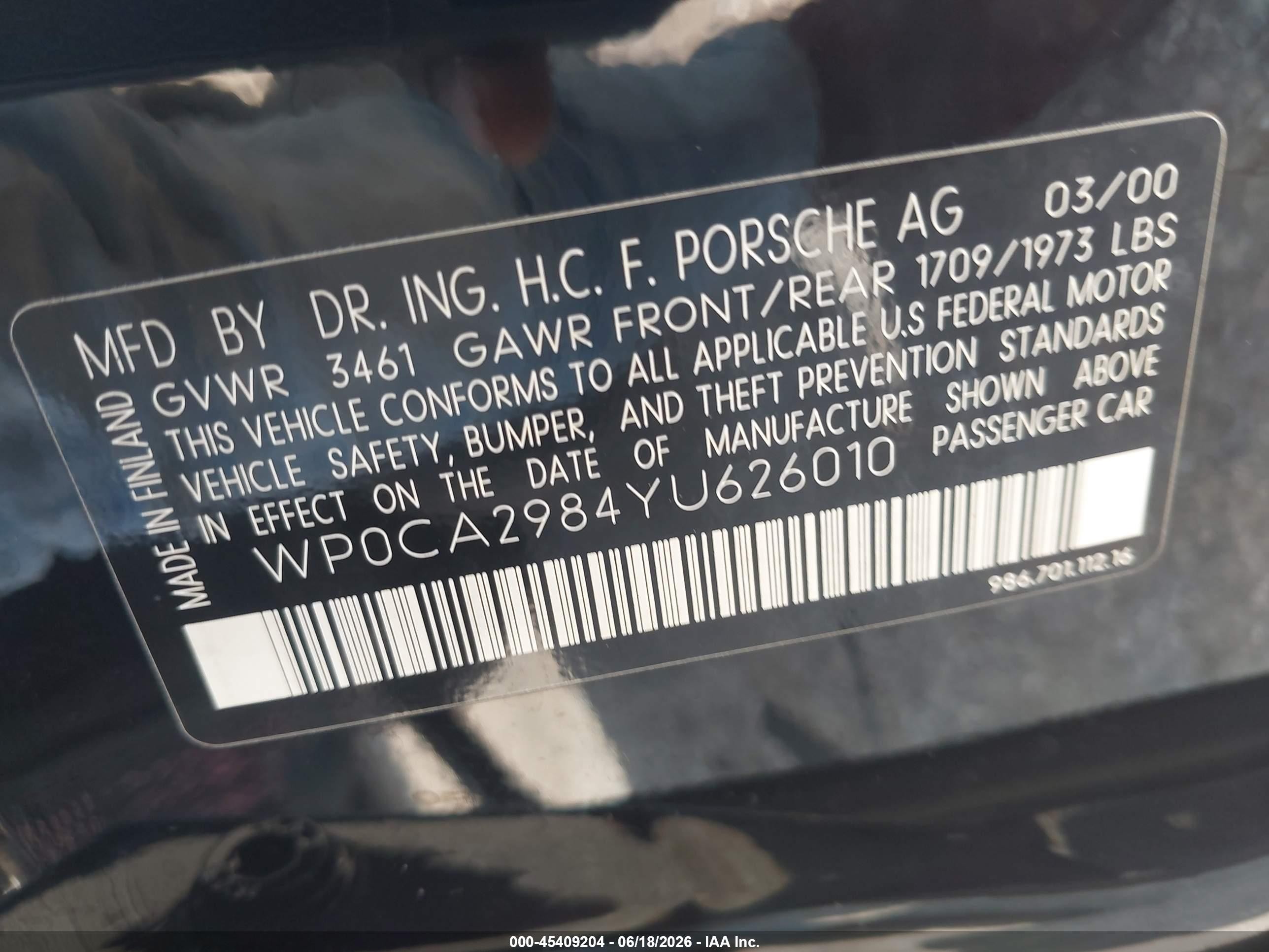 2000 Porsche Boxster   Black vin: WP0CA2984YU626010