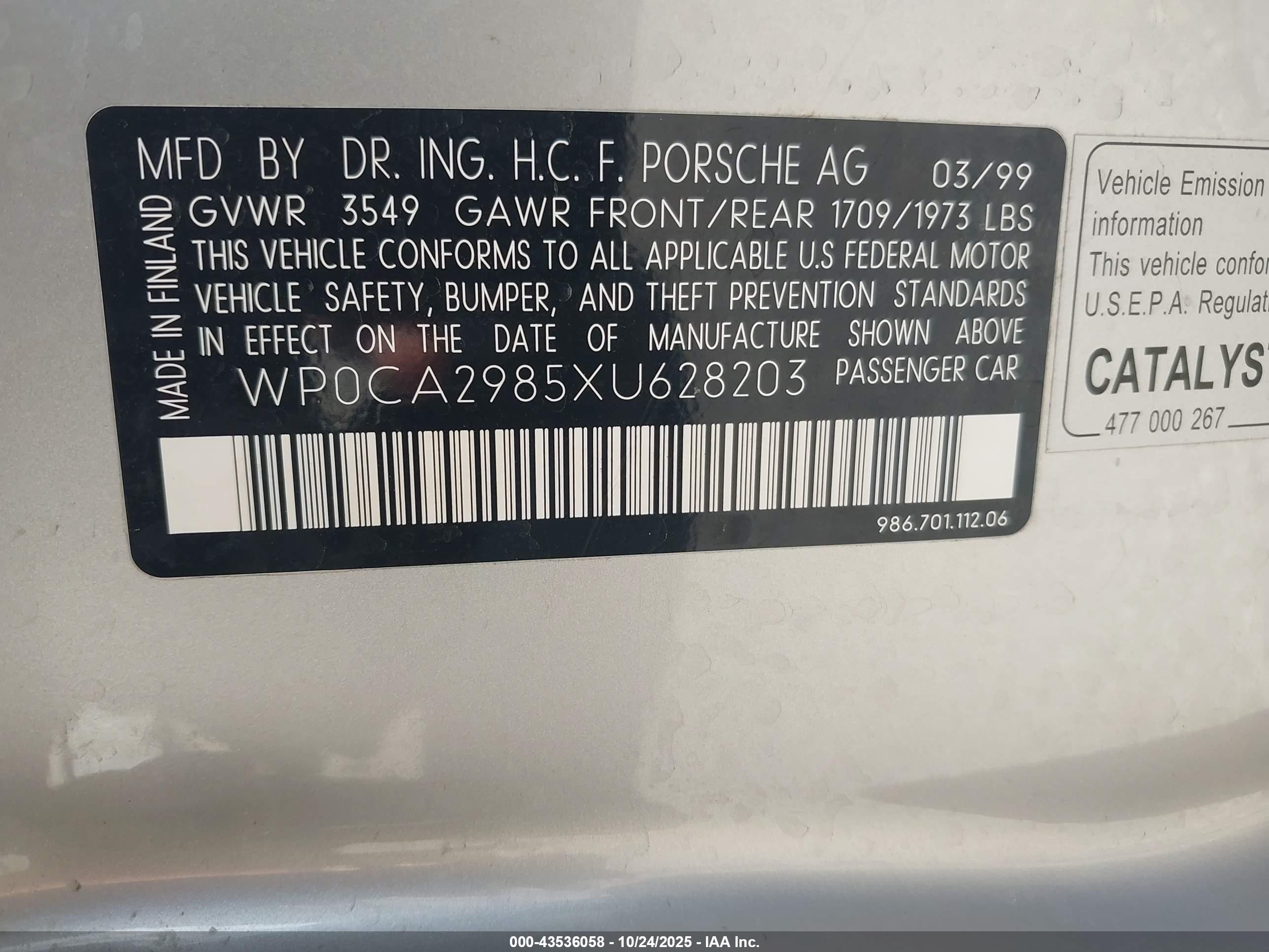 1999 Porsche Boxster   Silver vin: WP0CA2985XU628203