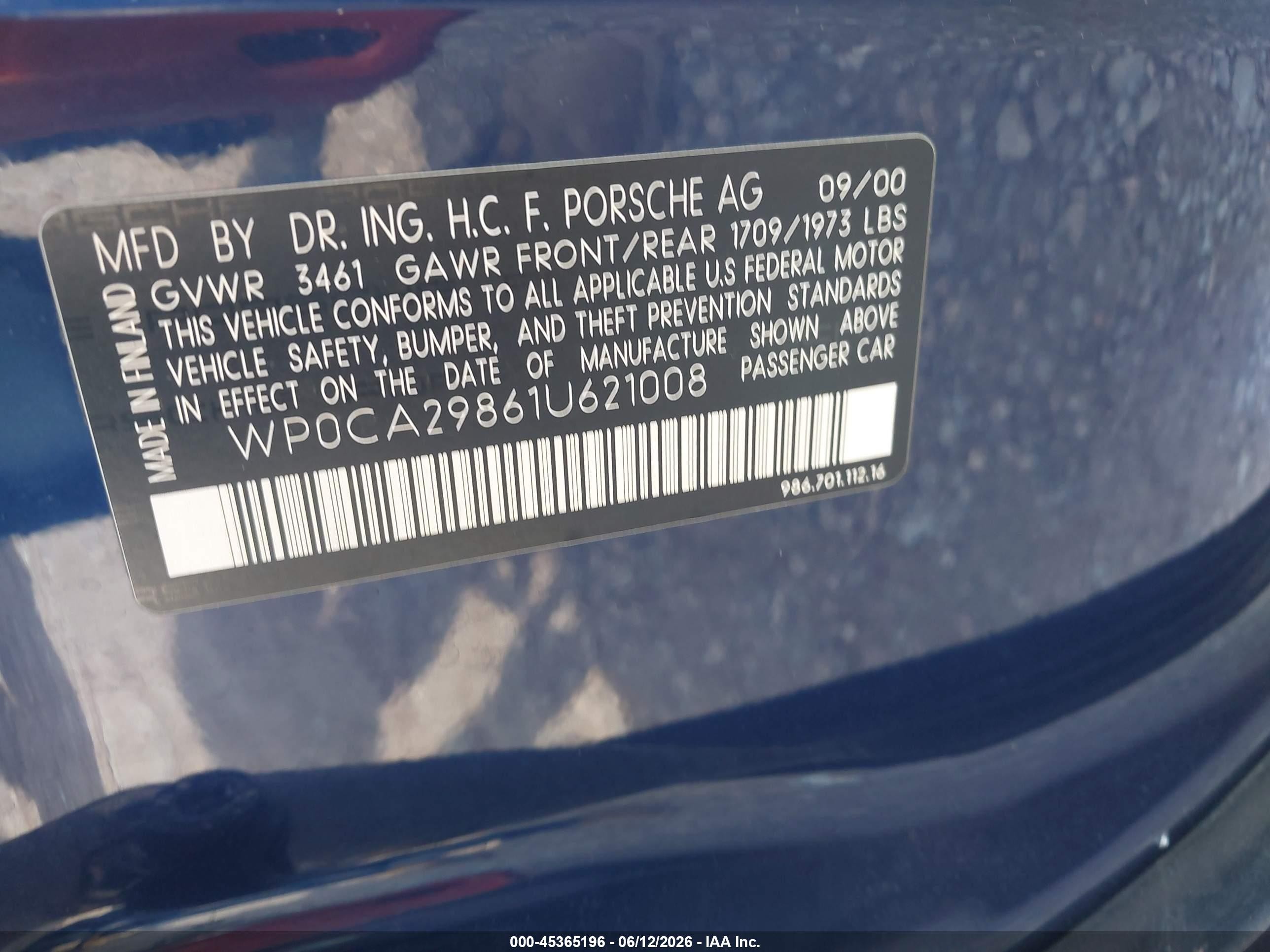 2001 Porsche Boxster   Blue vin: WP0CA29861U621008