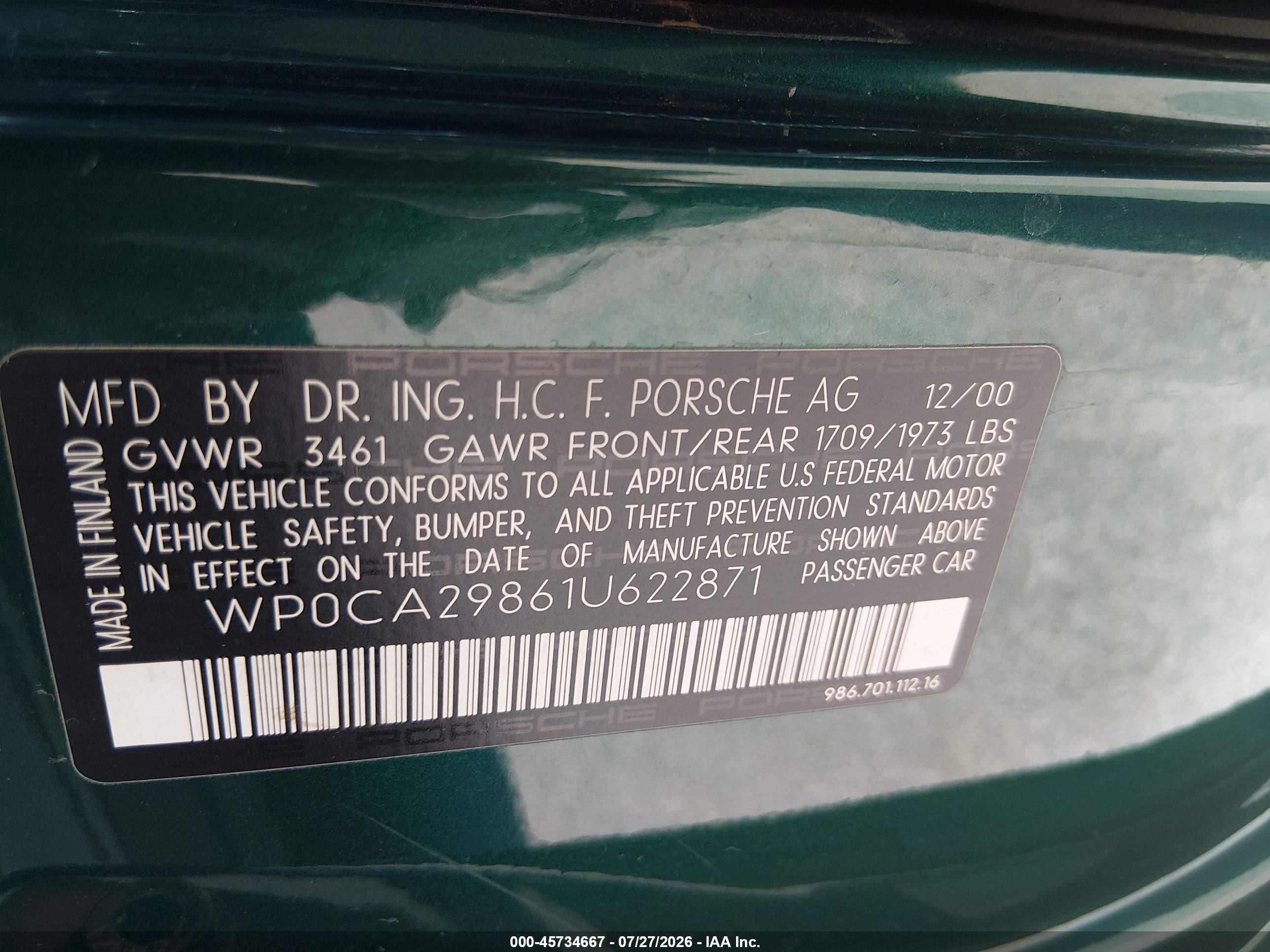 2001 Porsche Boxster   Green vin: WP0CA29861U622871