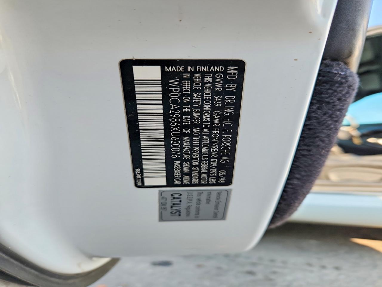 1999 Porsche Boxster White vin: WP0CA2986XU620076