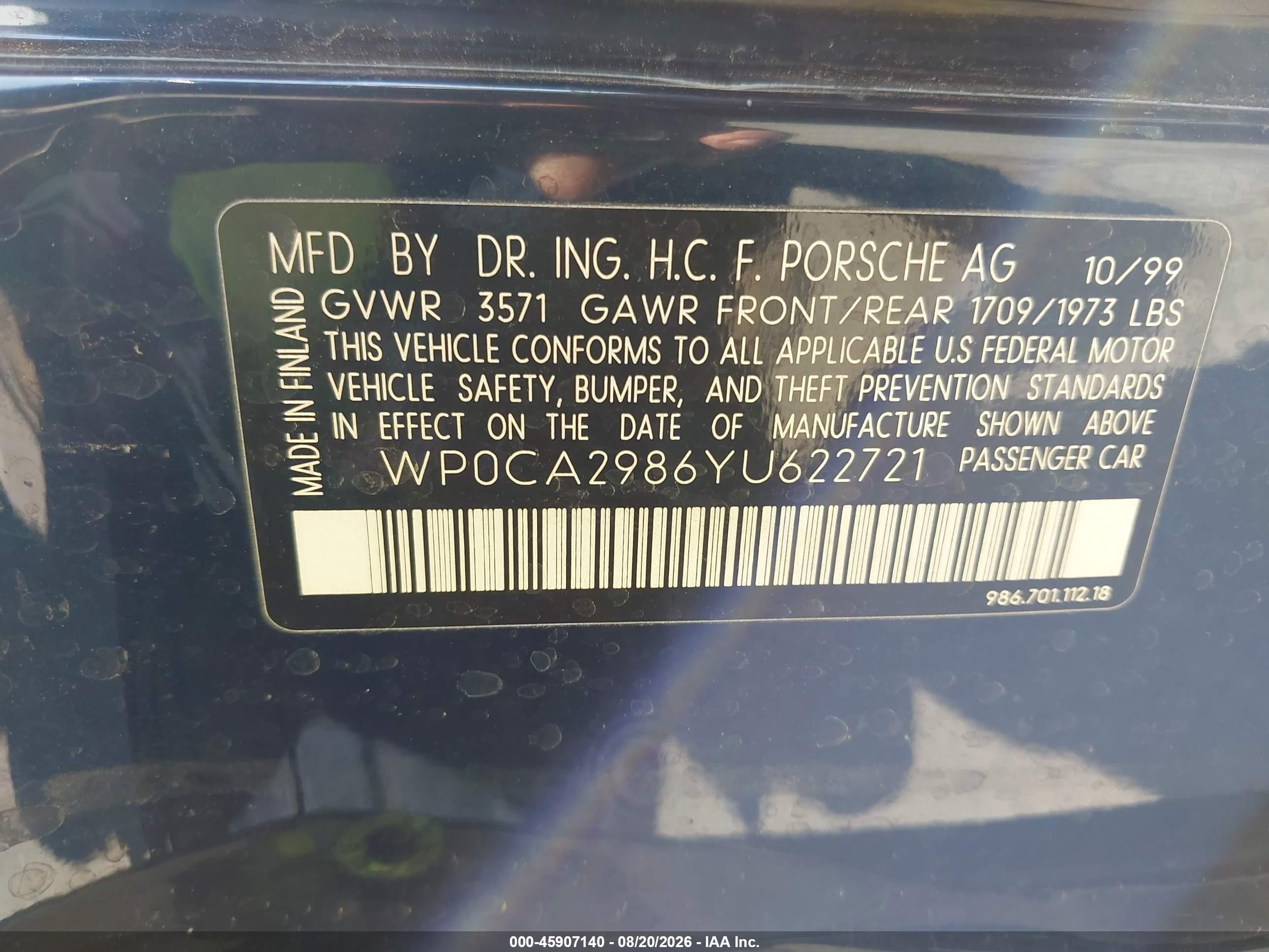 2000 Porsche Boxster   Blue vin: WP0CA2986YU622721