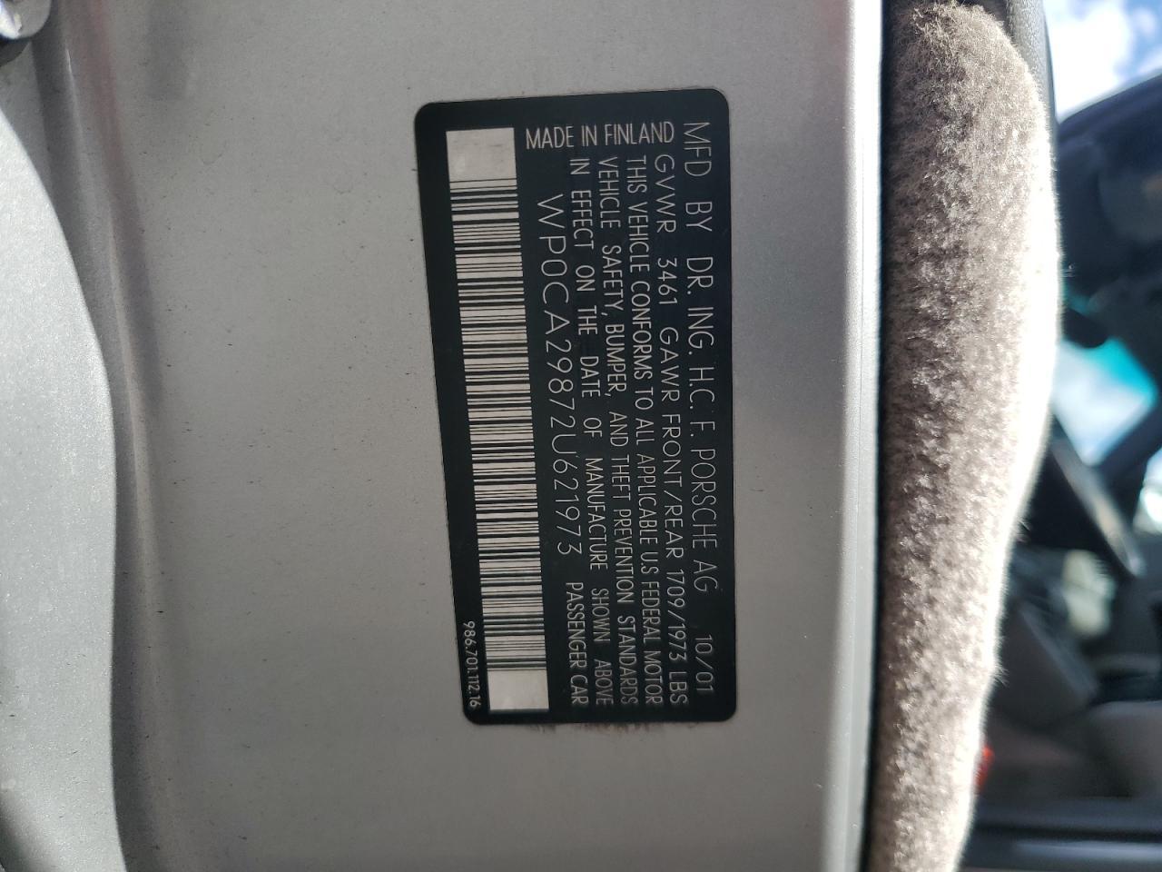 2002 Porsche Boxster Silver vin: WP0CA29872U621973