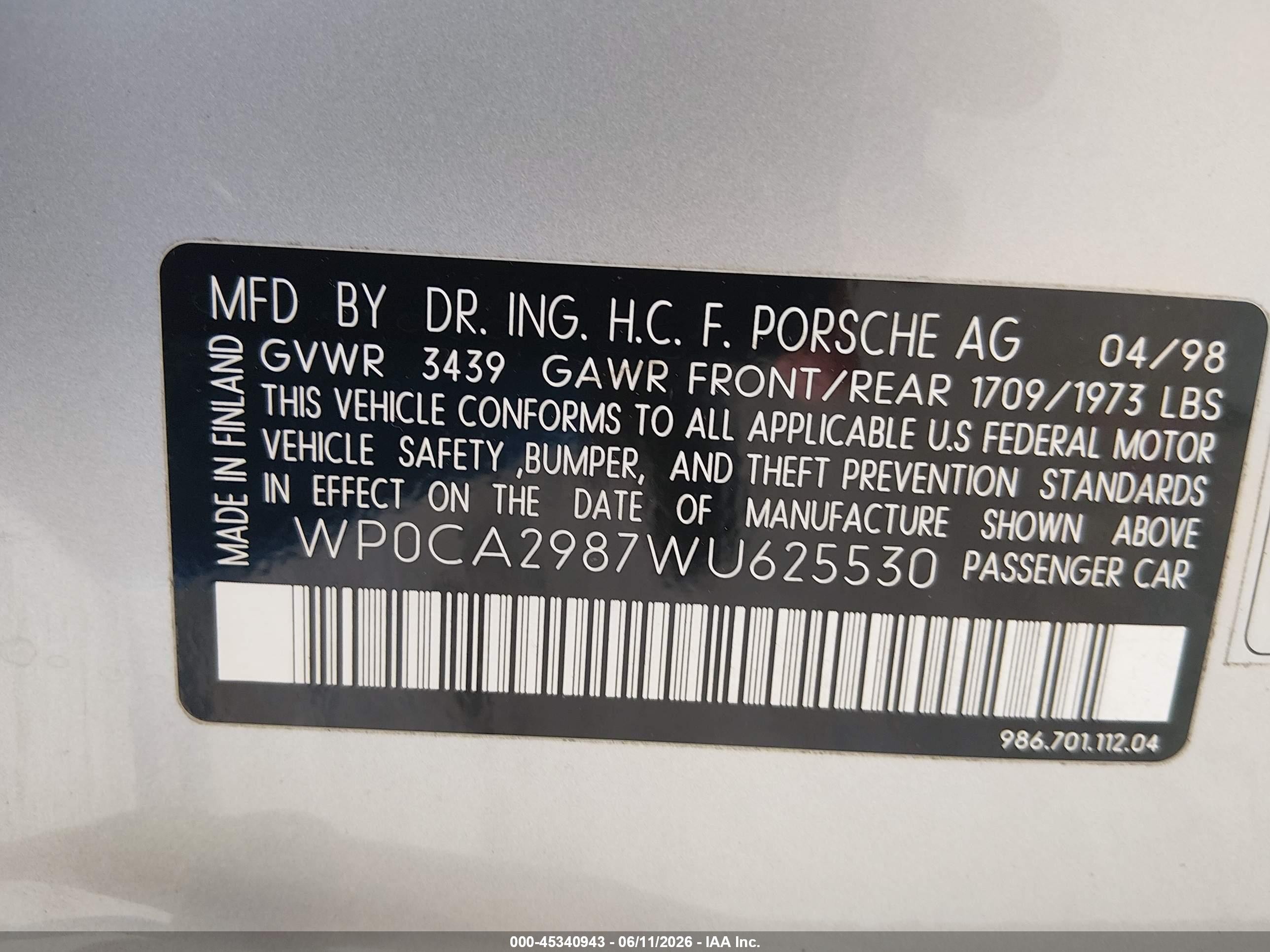 1998 Porsche Boxster   Silver vin: WP0CA2987WU625530