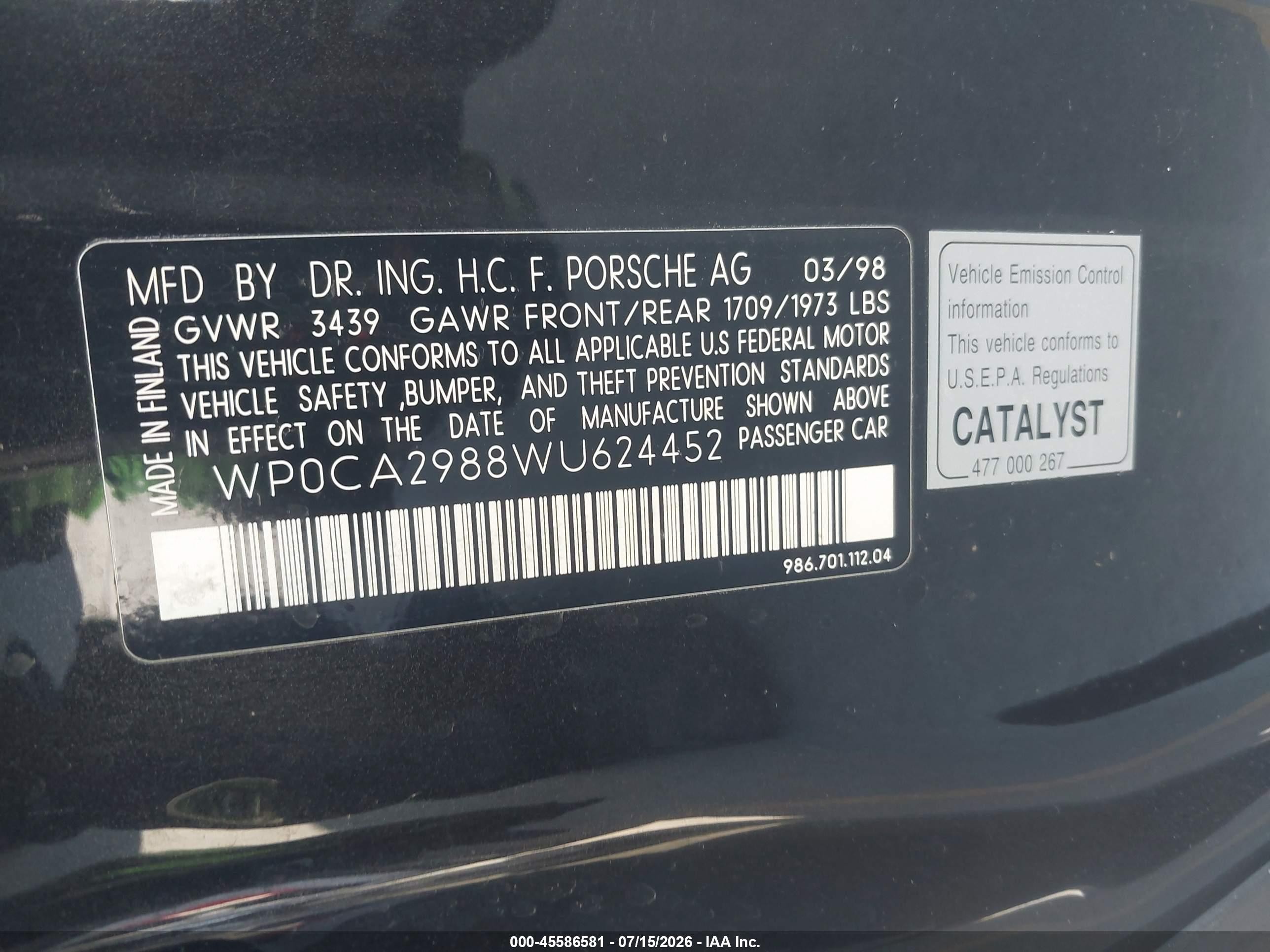 1998 Porsche Boxster   Black vin: WP0CA2988WU624452