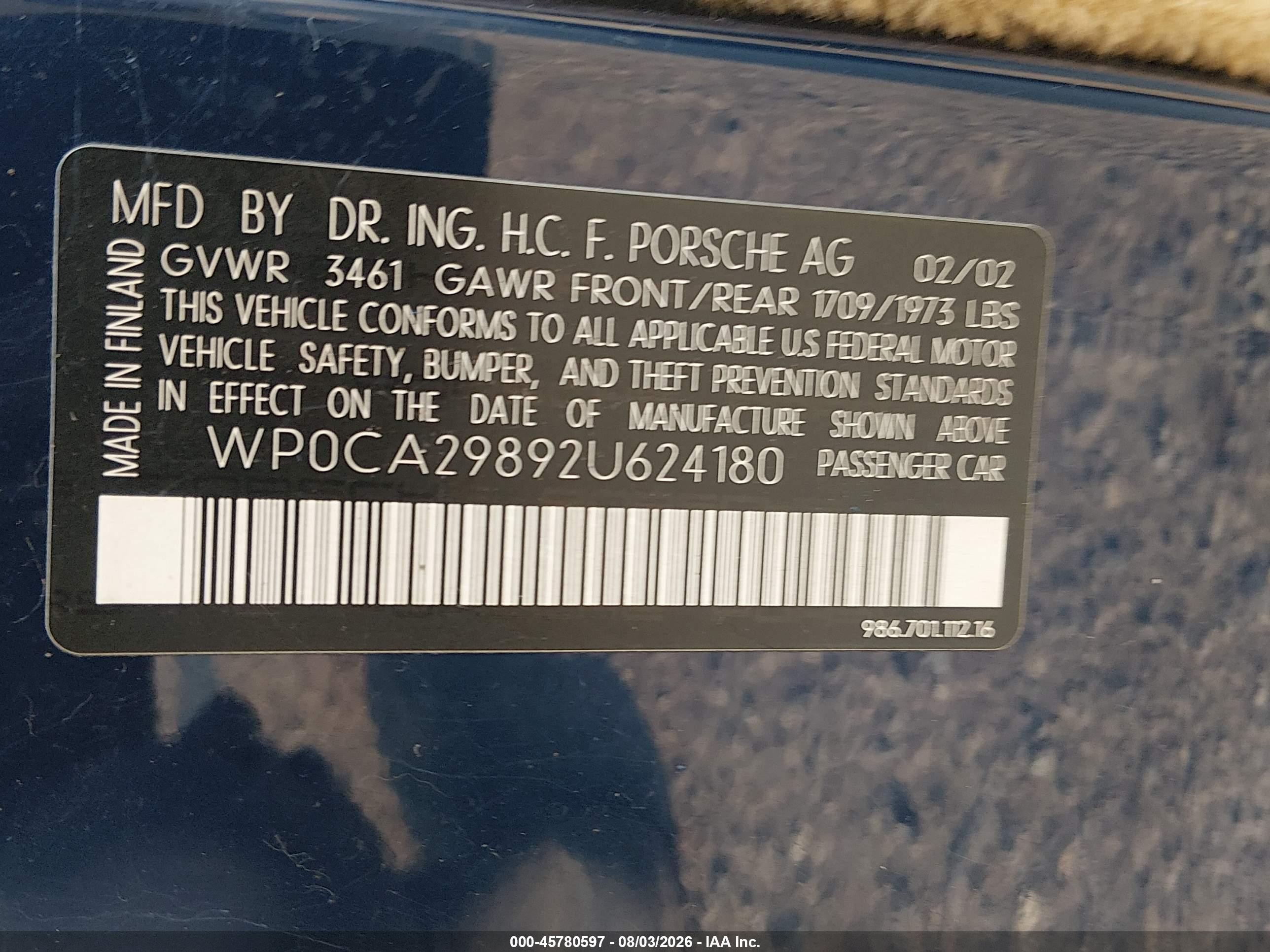 2002 Porsche Boxster   Blue vin: WP0CA29892U624180