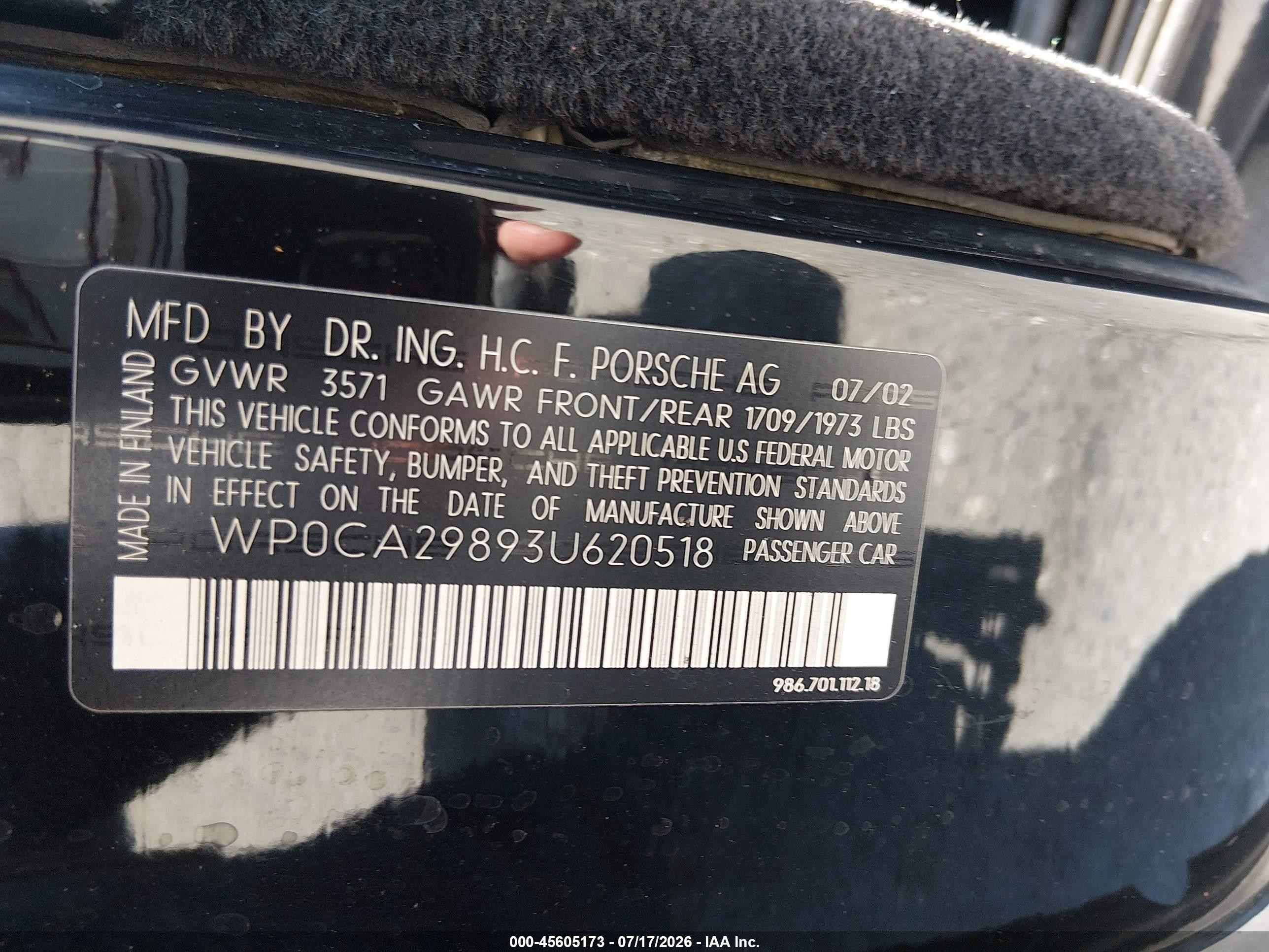 2003 Porsche Boxster   Black vin: WP0CA29893U620518