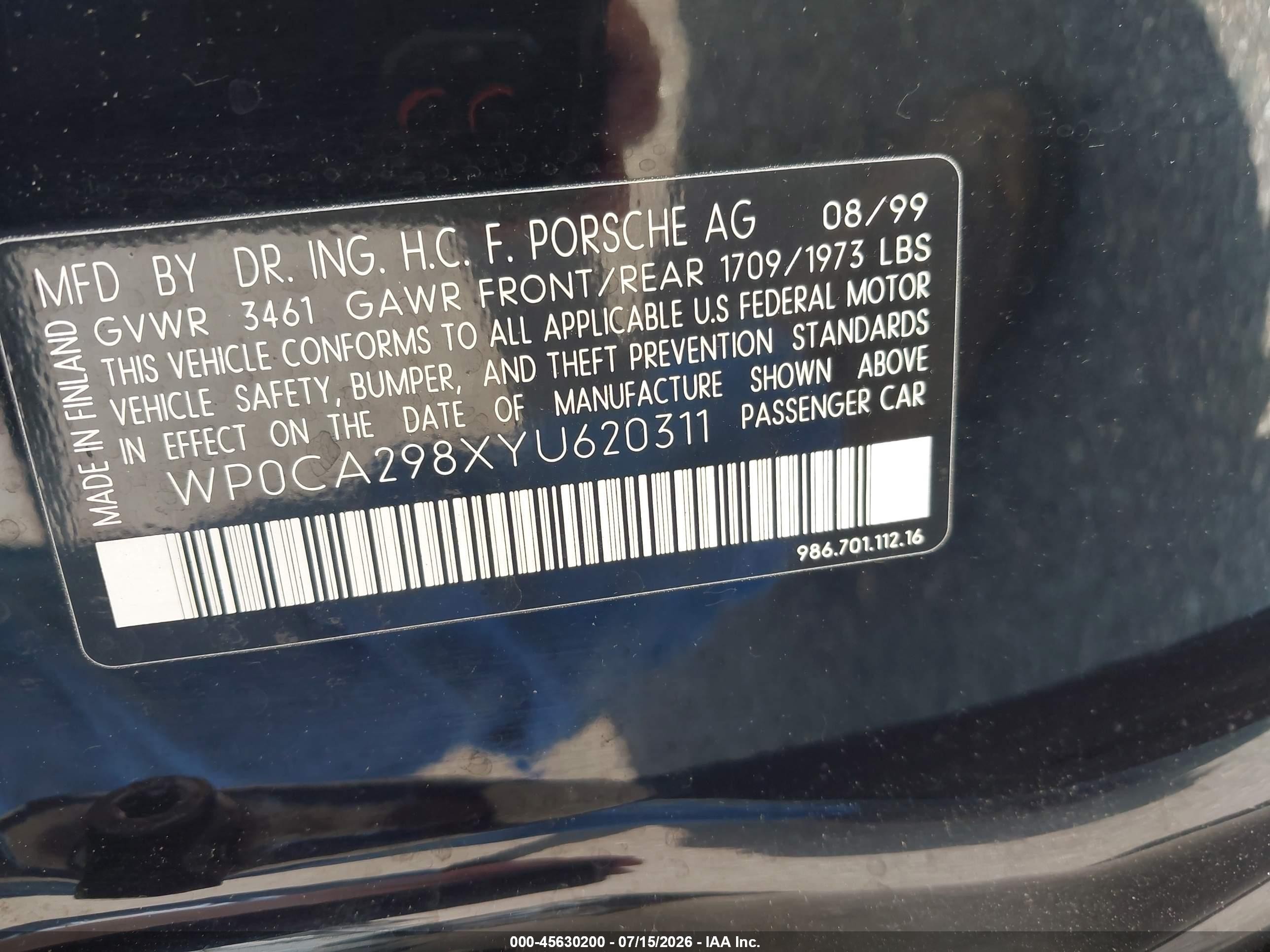 2000 Porsche Boxster   Black vin: WP0CA298XYU620311