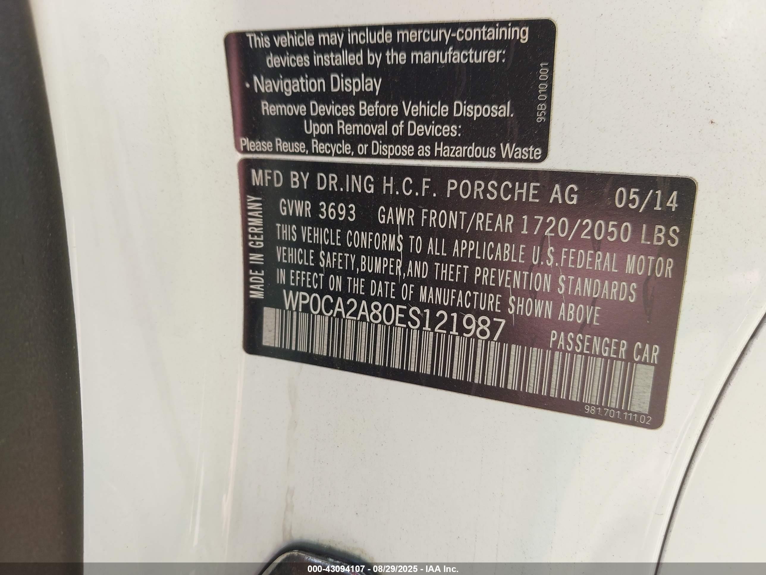 2014 Porsche Boxster   White vin: WP0CA2A80ES121987