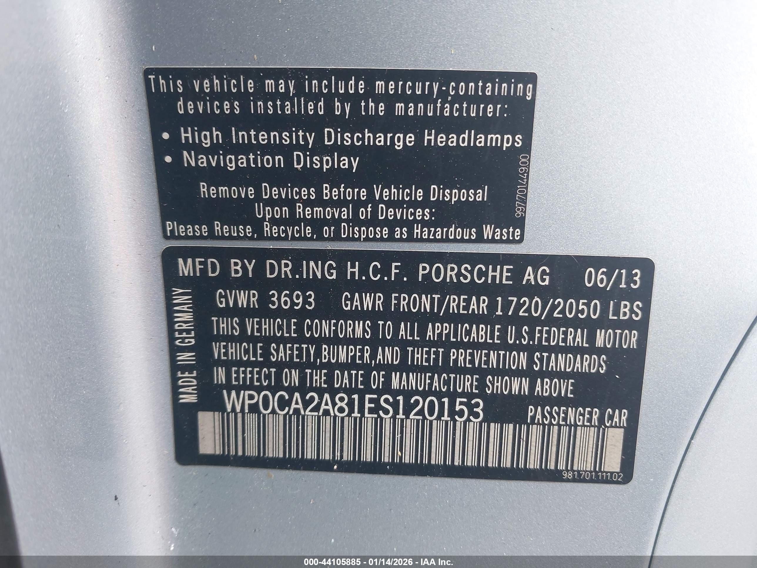 2014 Porsche Boxster   Silver vin: WP0CA2A81ES120153