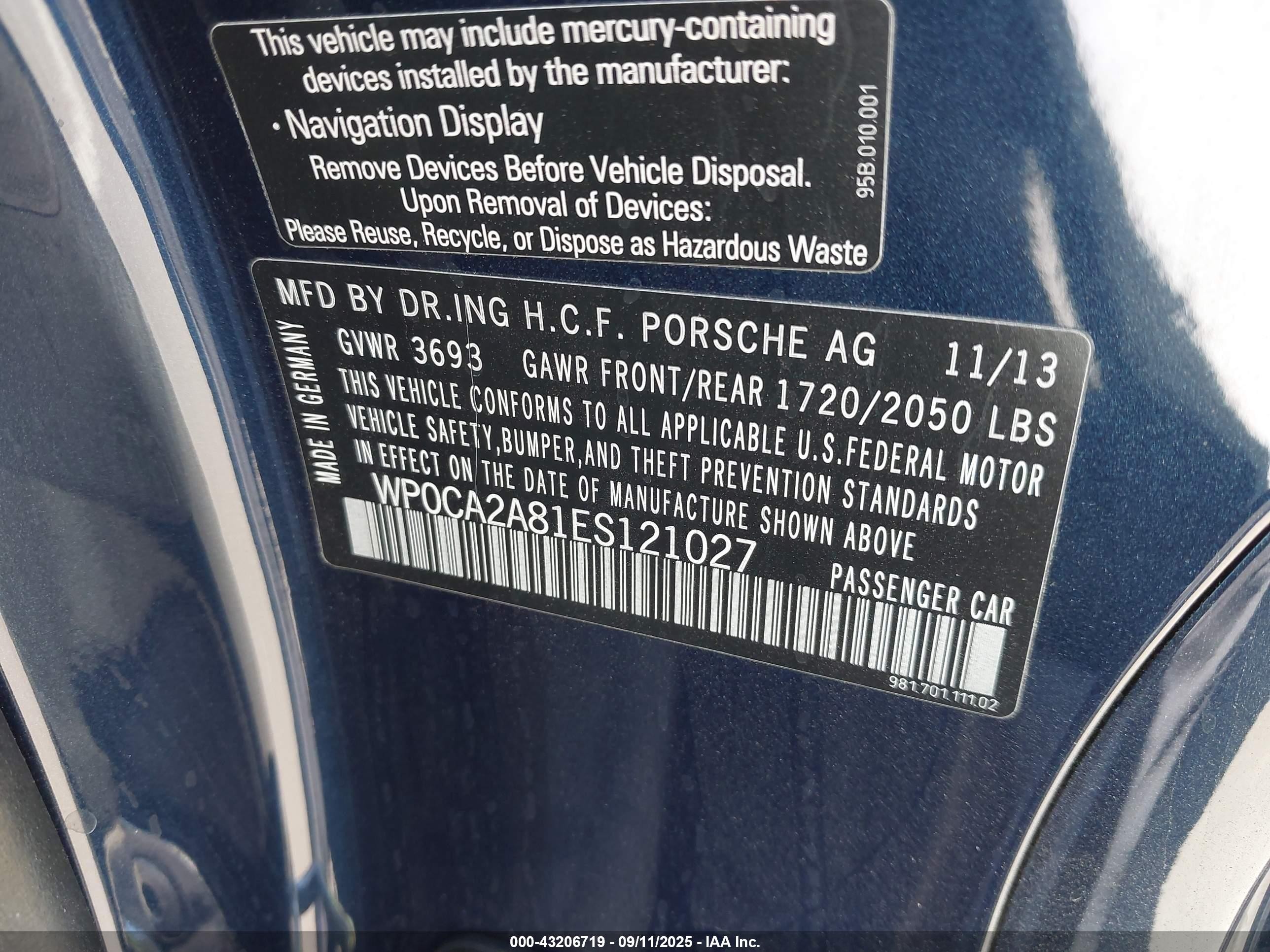 2014 Porsche Boxster   Blue vin: WP0CA2A81ES121027