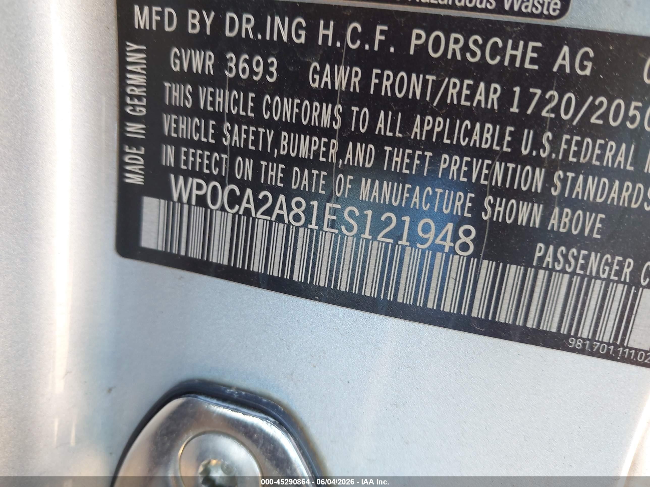 2014 Porsche Boxster   Silver vin: WP0CA2A81ES121948