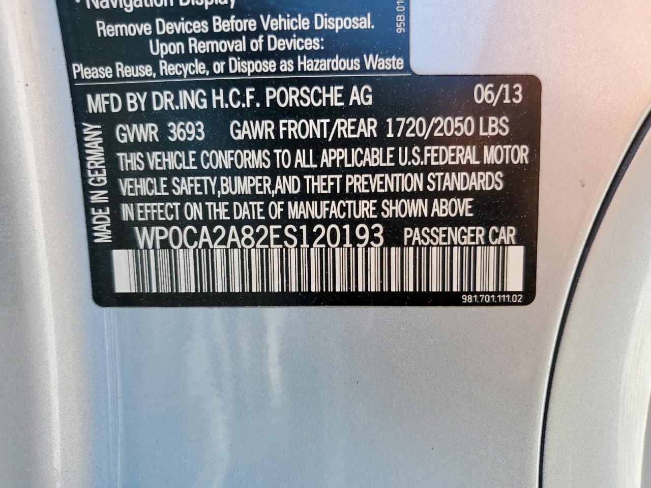 2014 Porsche Boxster Silver vin: WP0CA2A82ES120193