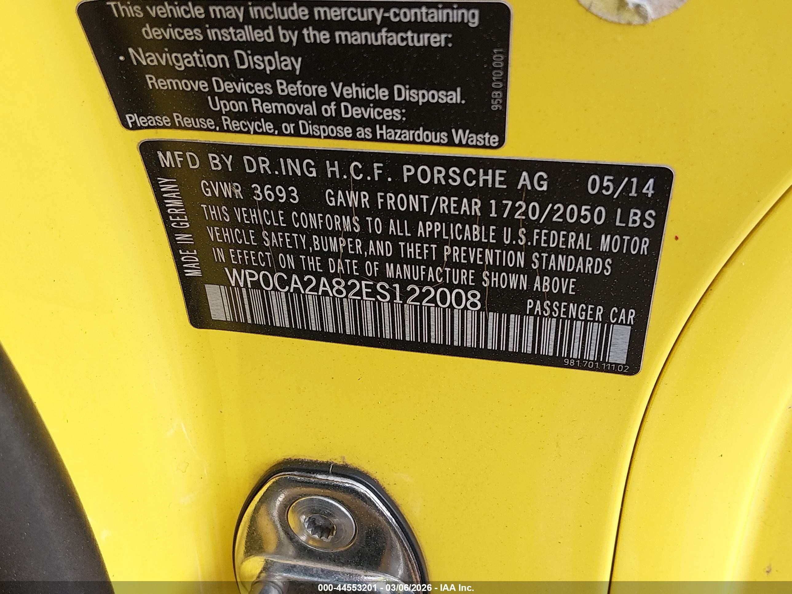 2014 Porsche Boxster   Yellow vin: WP0CA2A82ES122008