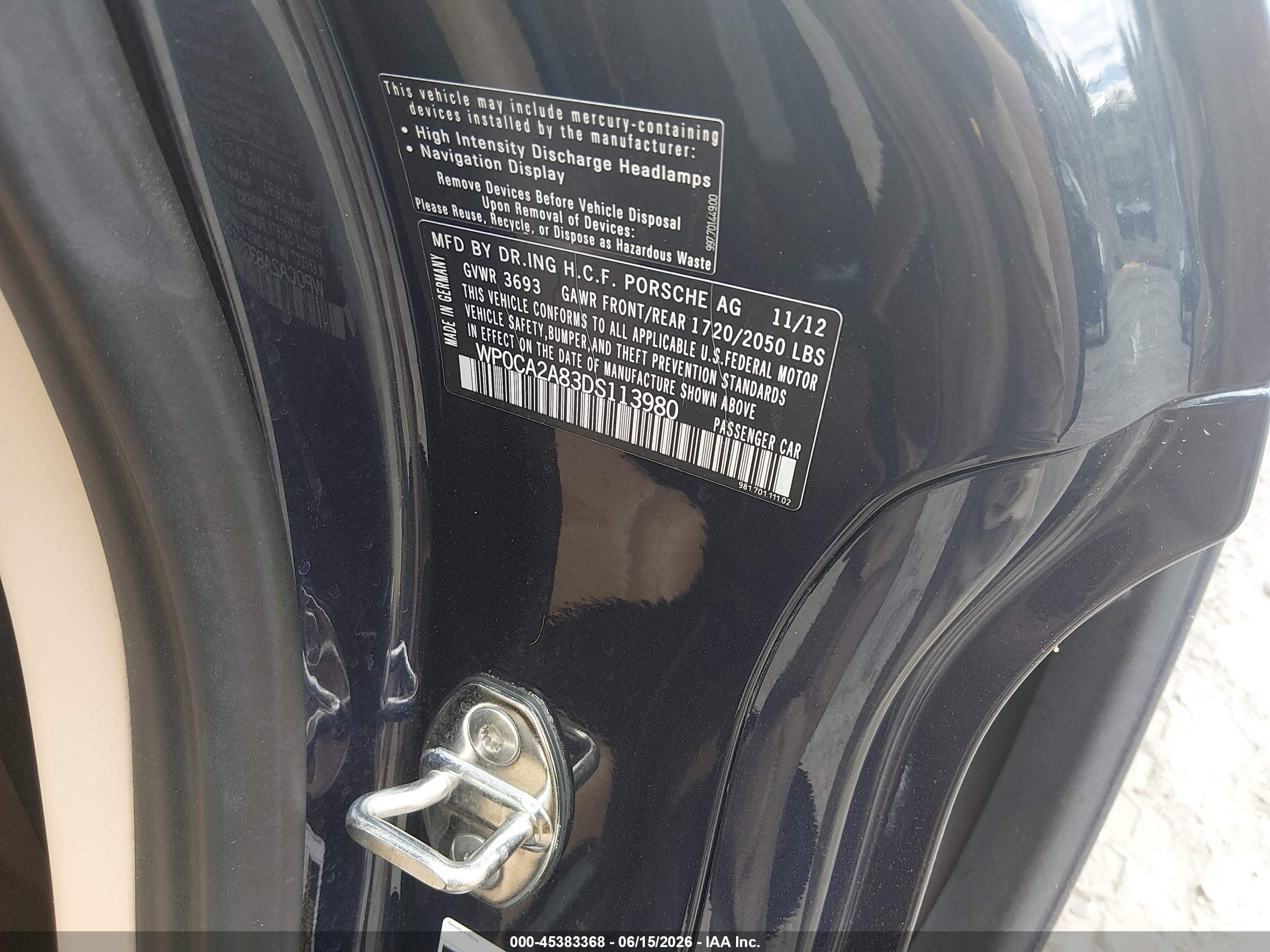 2013 Porsche Boxster   Blue vin: WP0CA2A83DS113980