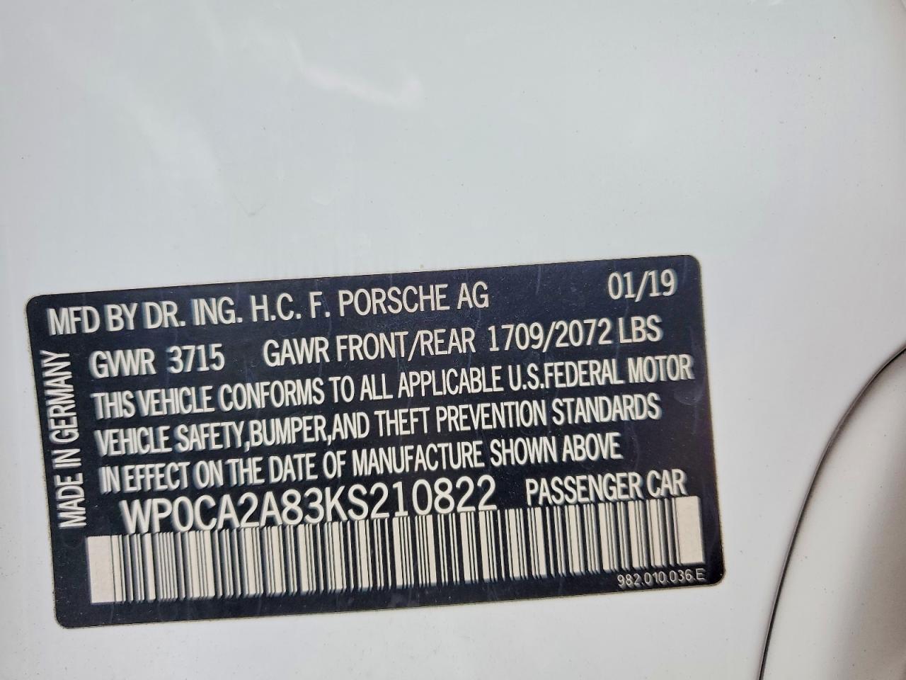 2019 Porsche Boxster Base White vin: WP0CA2A83KS210822
