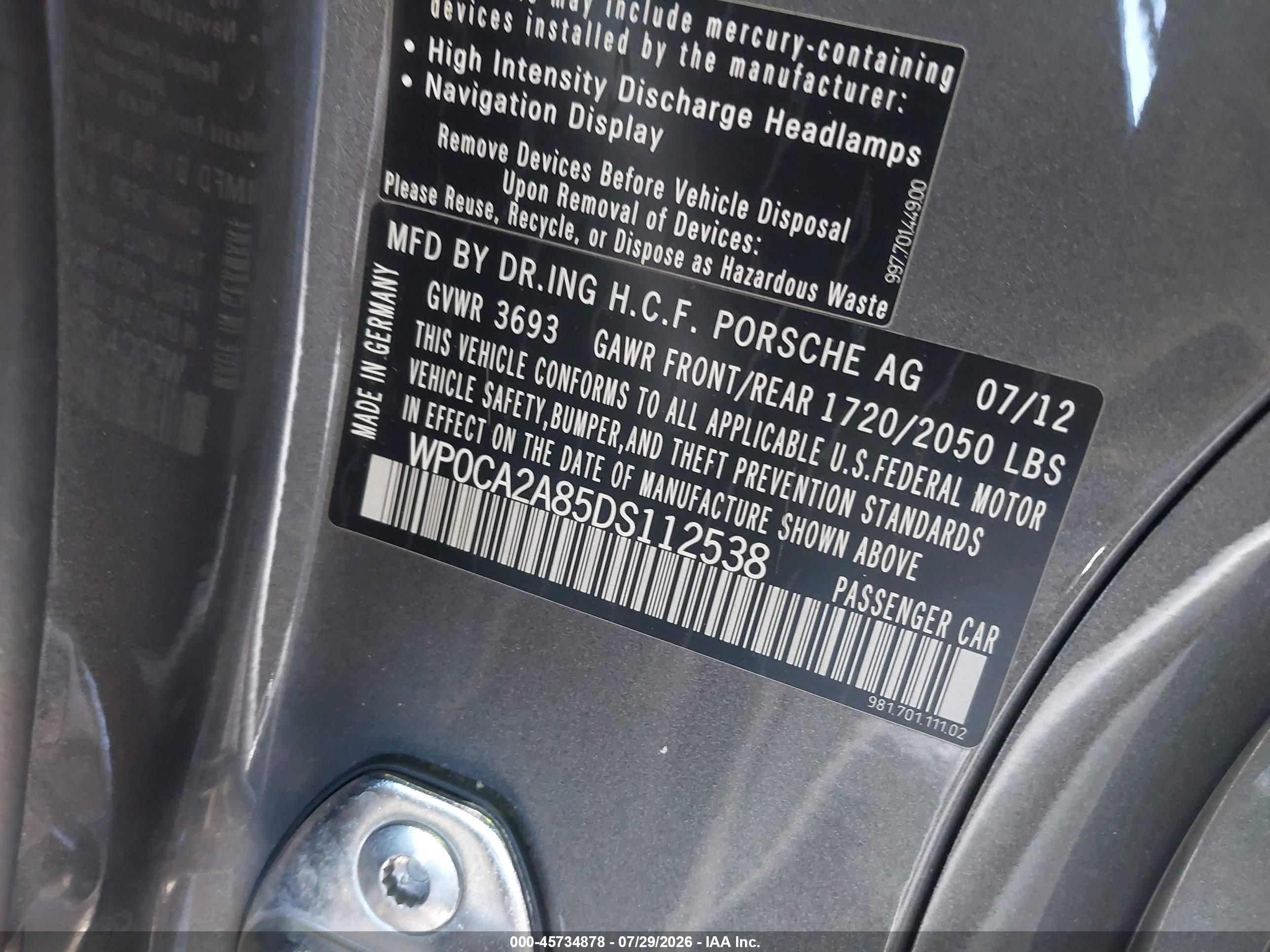 2013 Porsche Boxster   Серый vin: WP0CA2A85DS112538