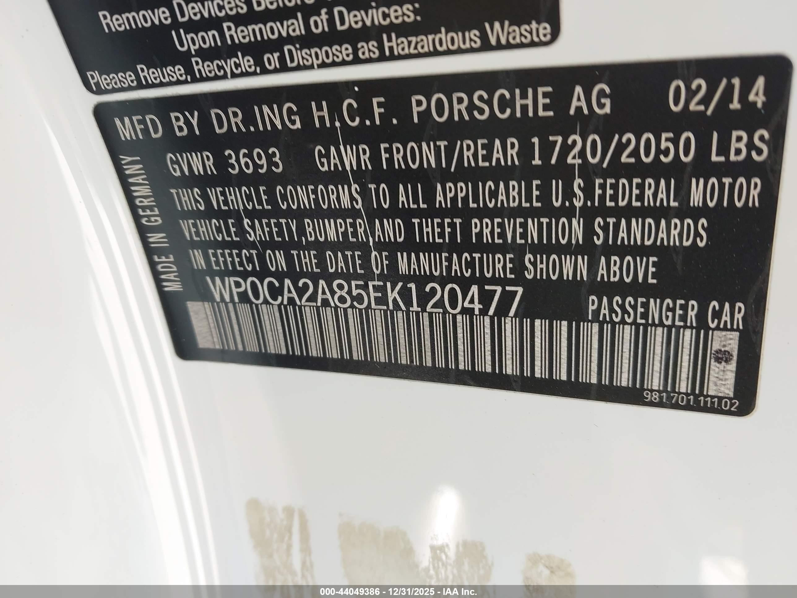 2014 Porsche Boxster   White vin: WP0CA2A85EK120477