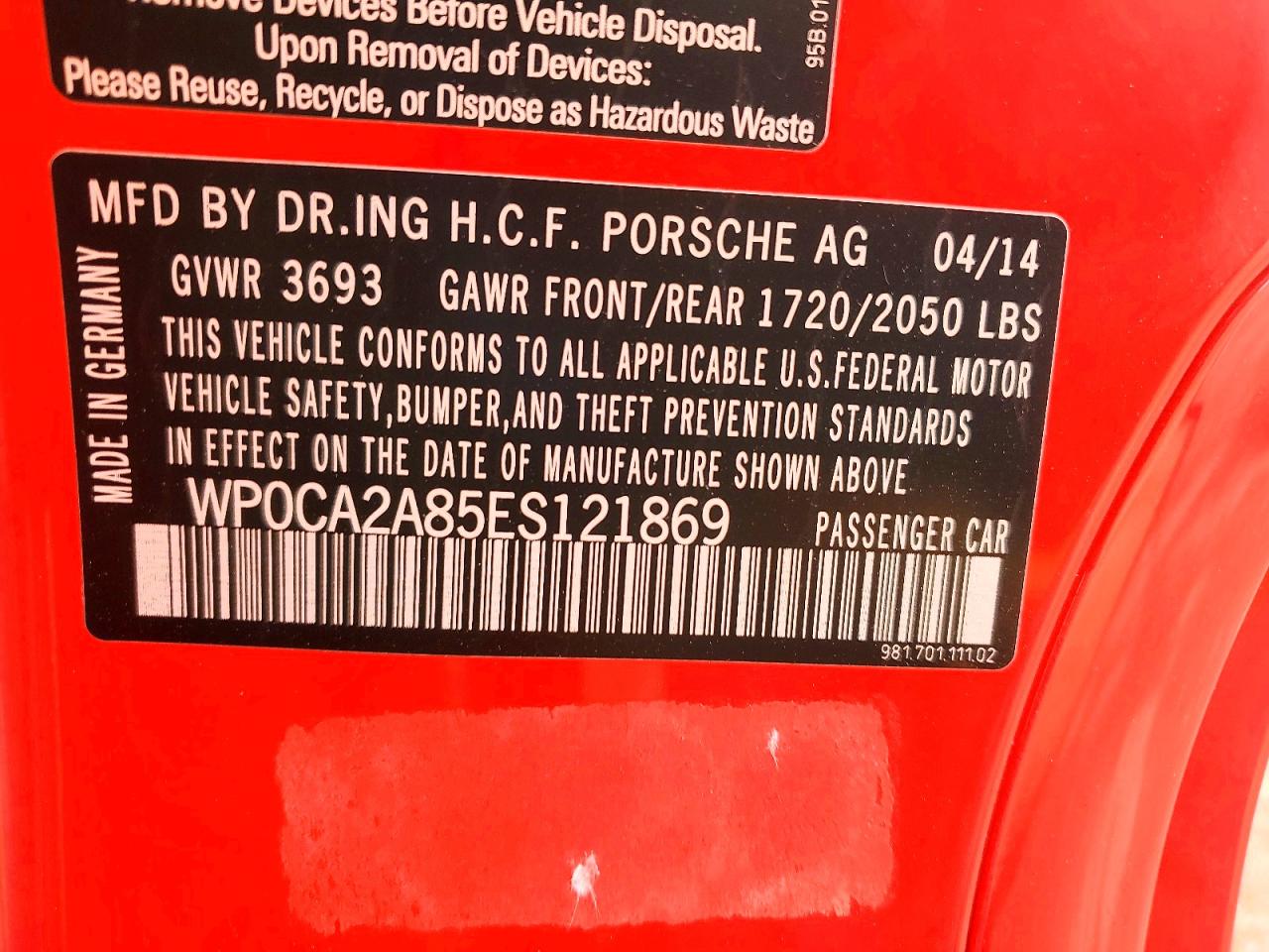 2014 Porsche Boxster Red vin: WP0CA2A85ES121869