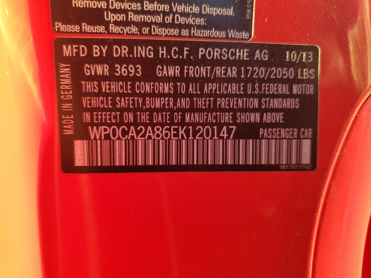 2014 Porsche Boxster Red vin: WP0CA2A86EK120147