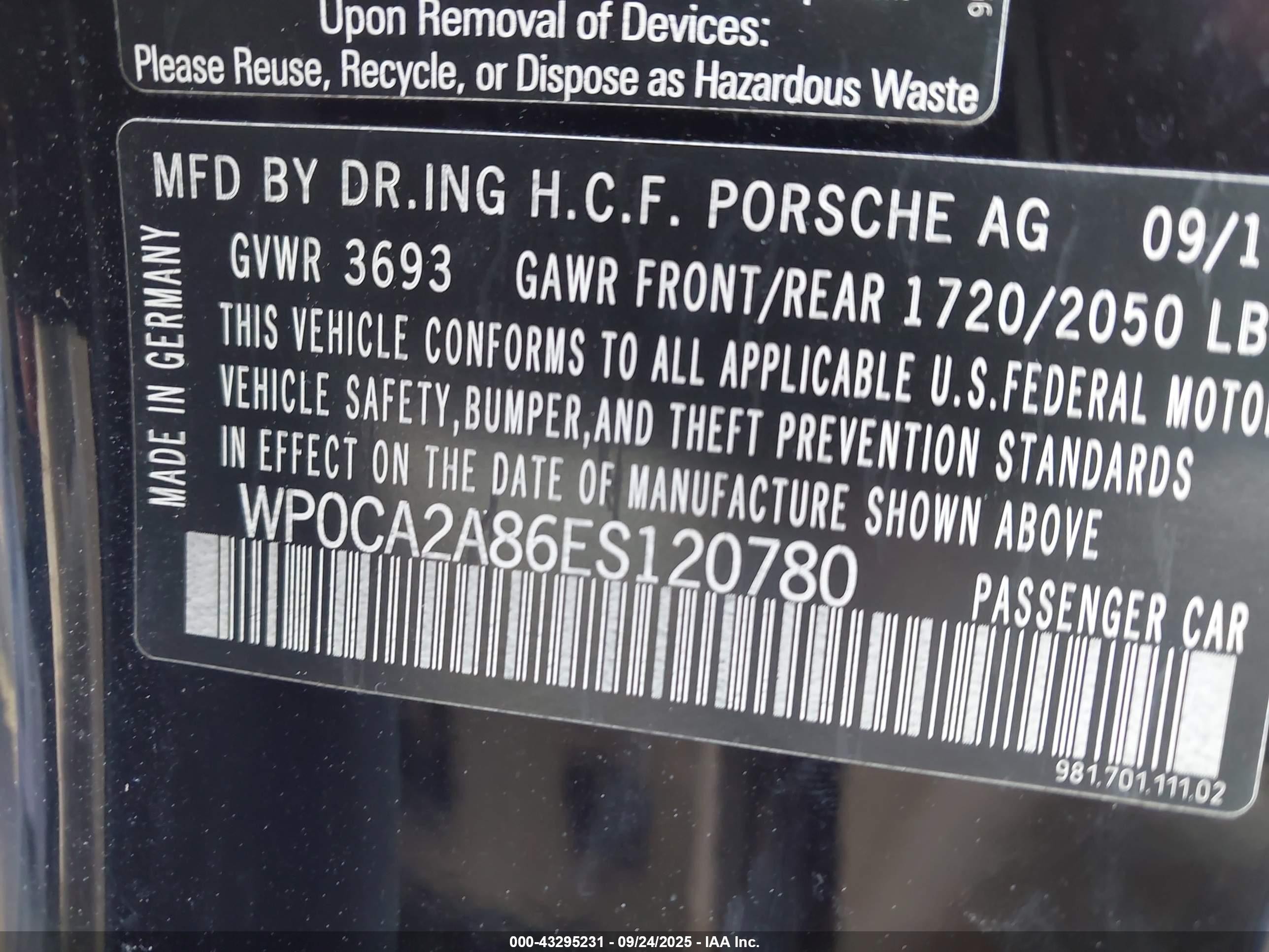2014 Porsche Boxster   Black vin: WP0CA2A86ES120780