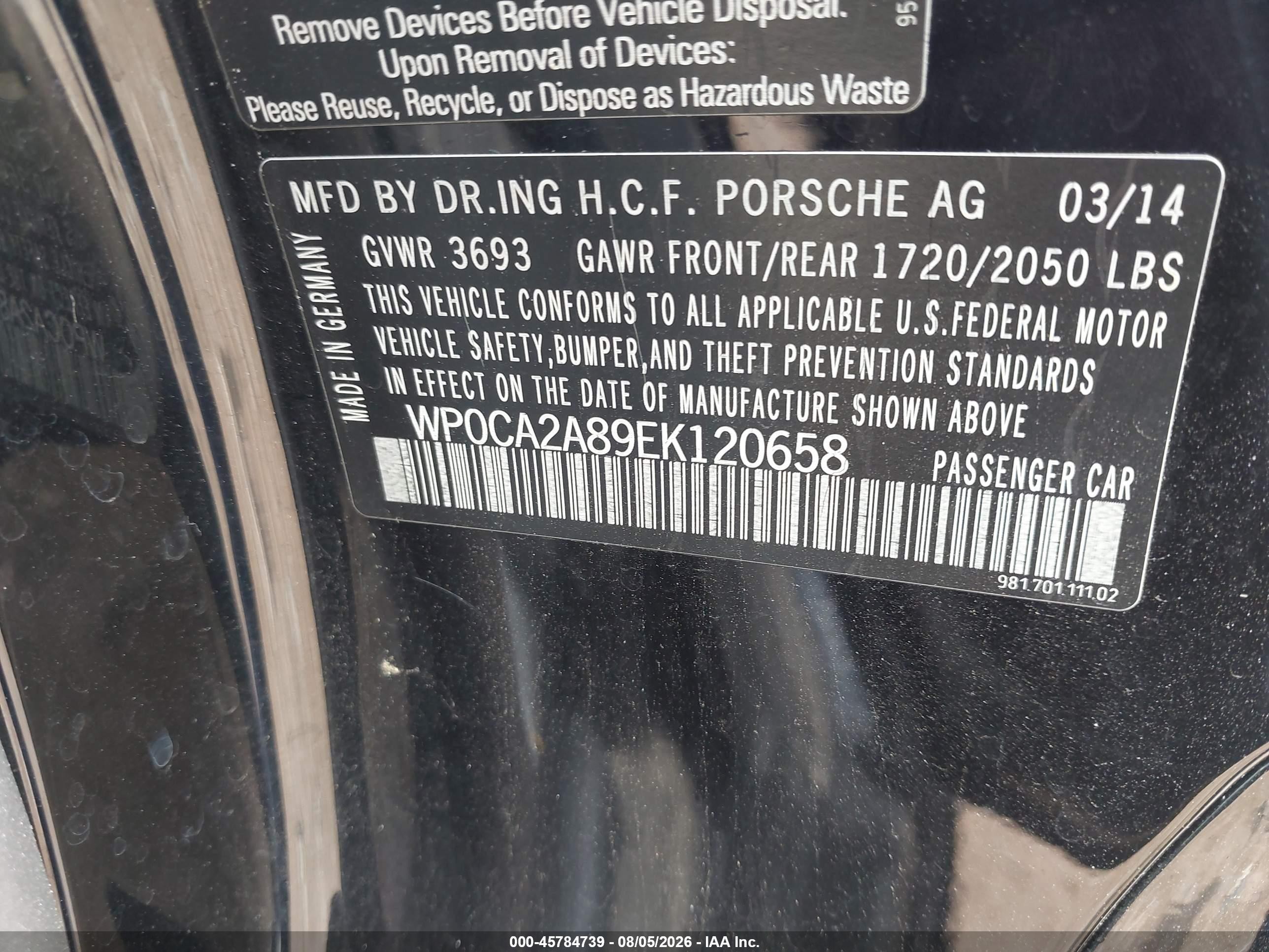 2014 Porsche Boxster   Black vin: WP0CA2A89EK120658