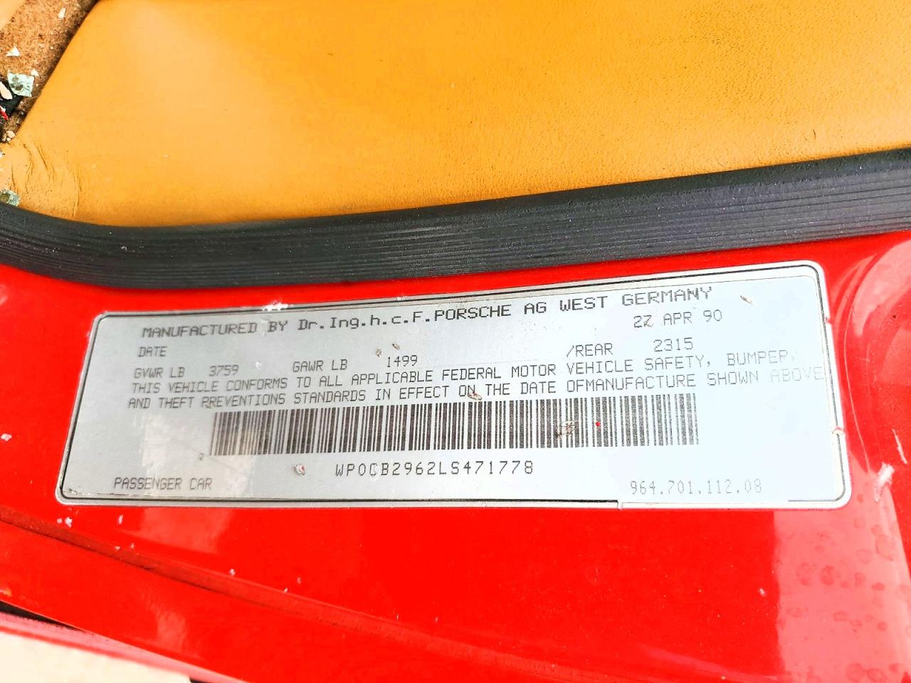 1990 Porsche 911 Carrera 2 Red vin: WP0CB2962LS471778