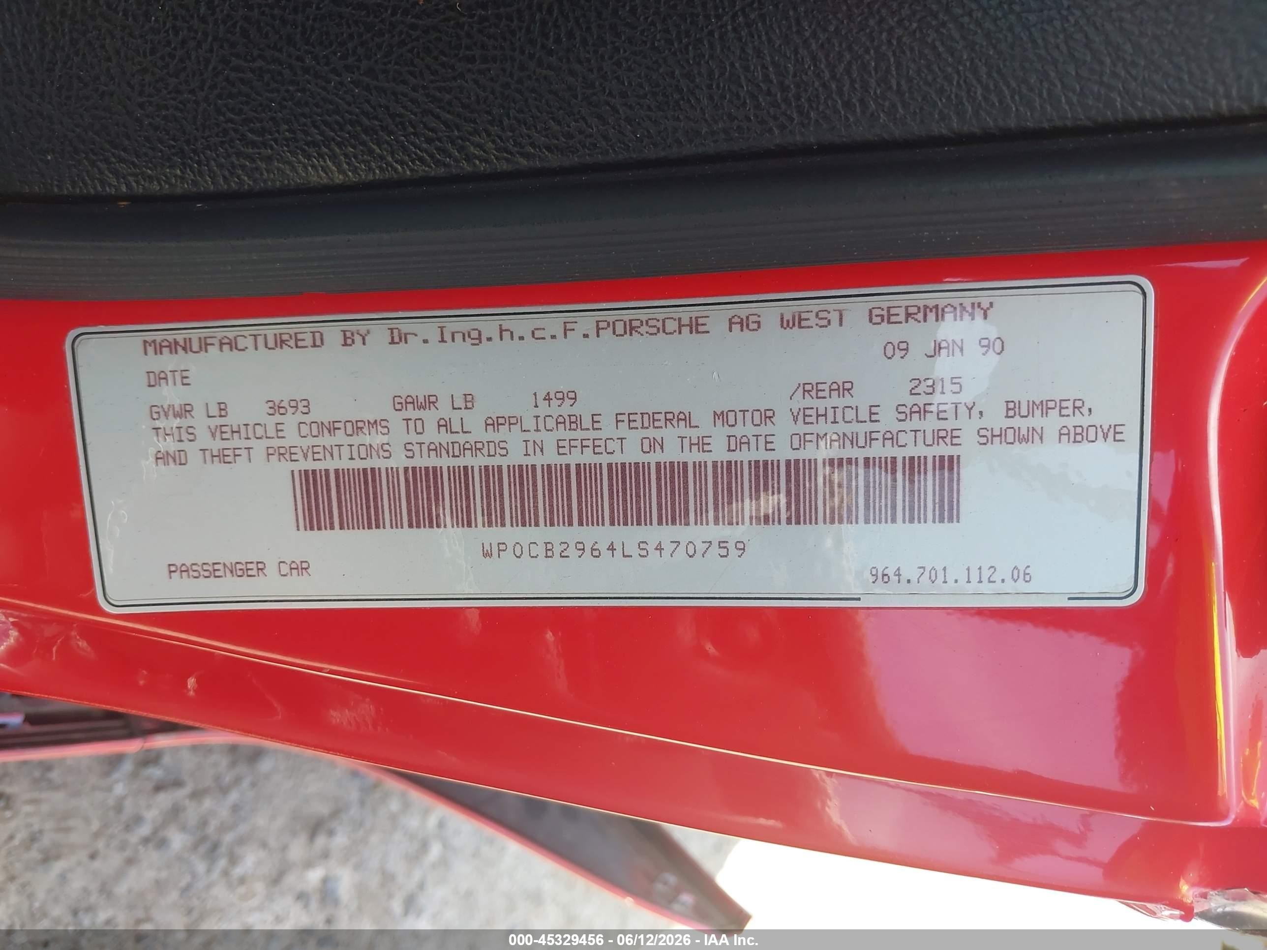 1990 Porsche 911 Carrera 2/carrera 4 Red vin: WP0CB2964LS470759