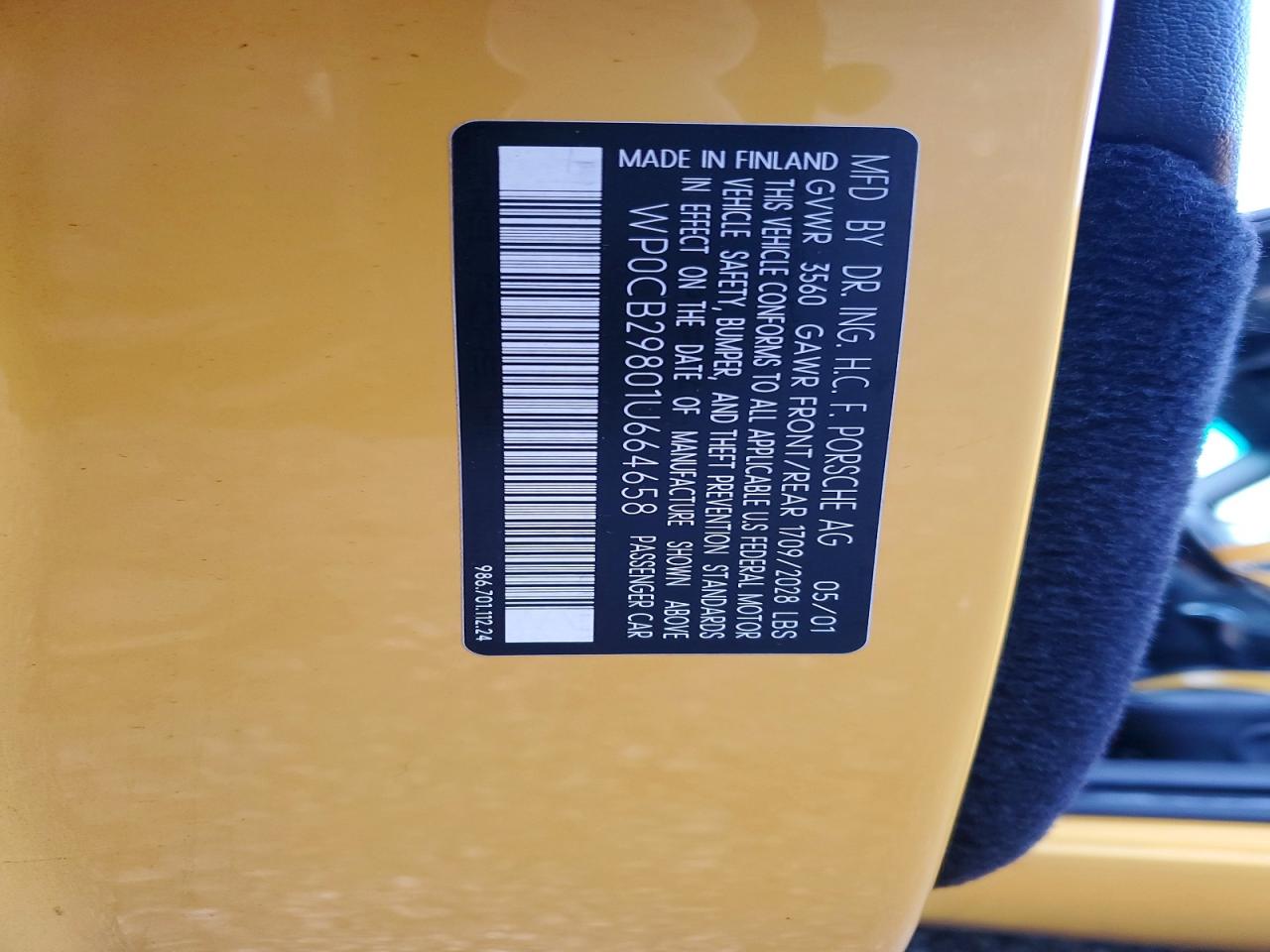 2001 Porsche Boxster S Yellow vin: WP0CB29801U664658