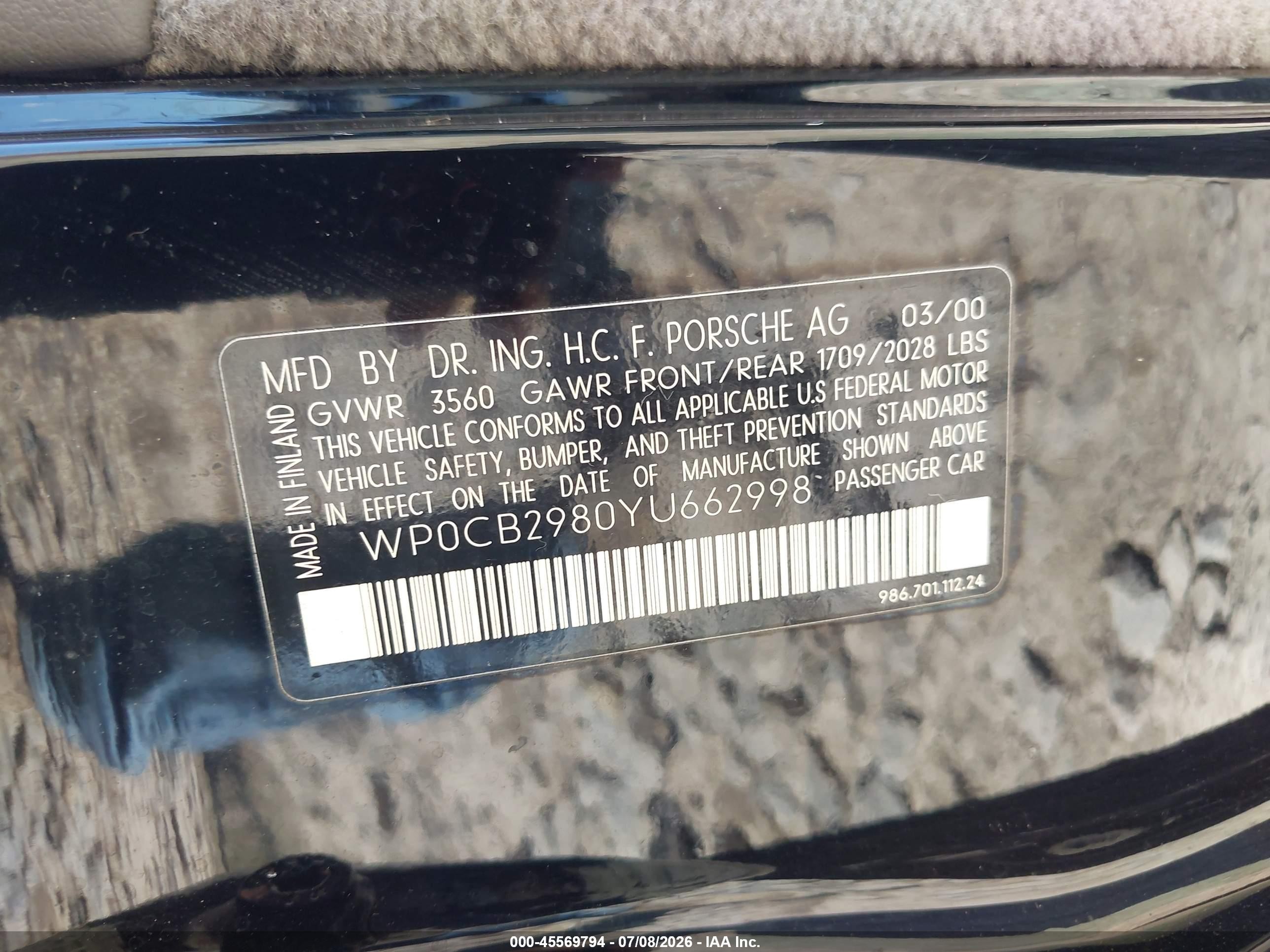 2000 Porsche Boxster S Black vin: WP0CB2980YU662998
