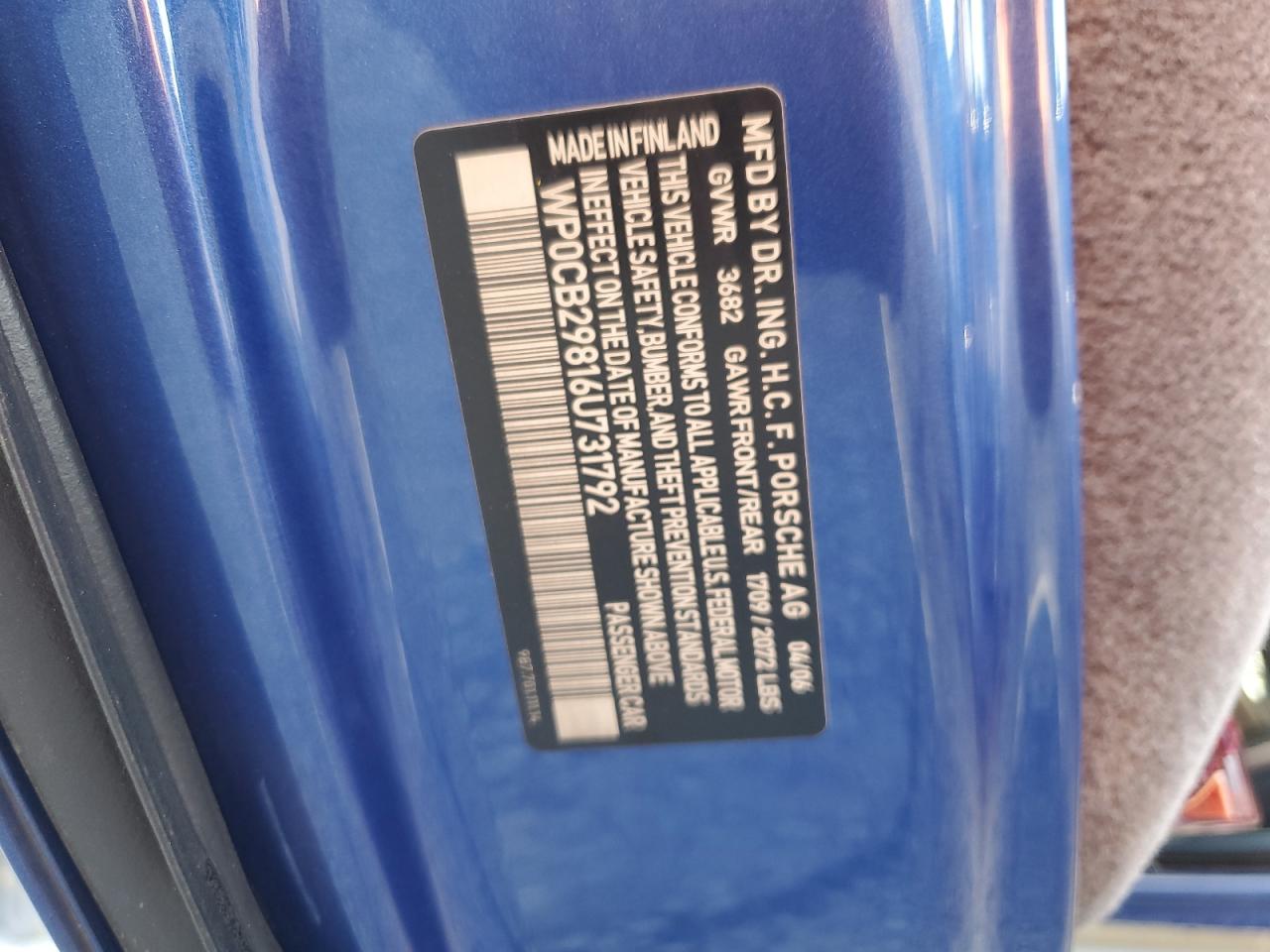 2006 Porsche Boxster S Blue vin: WP0CB29816U731792