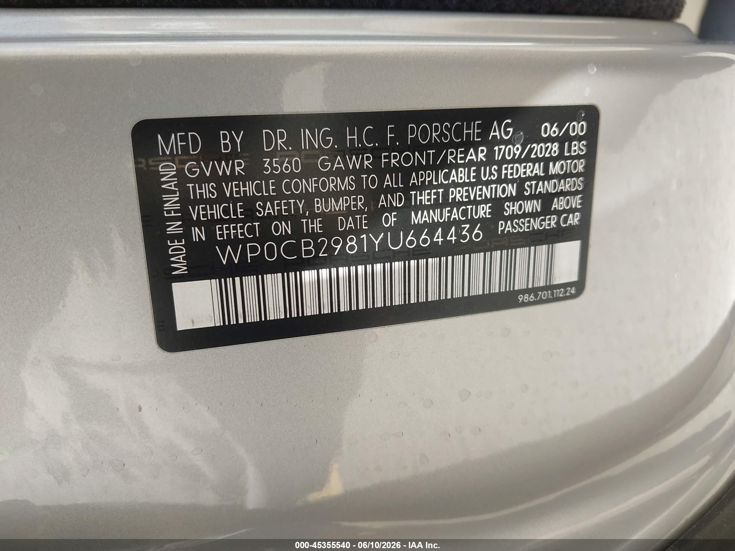 2000 Porsche Boxster S Silver vin: WP0CB2981YU664436