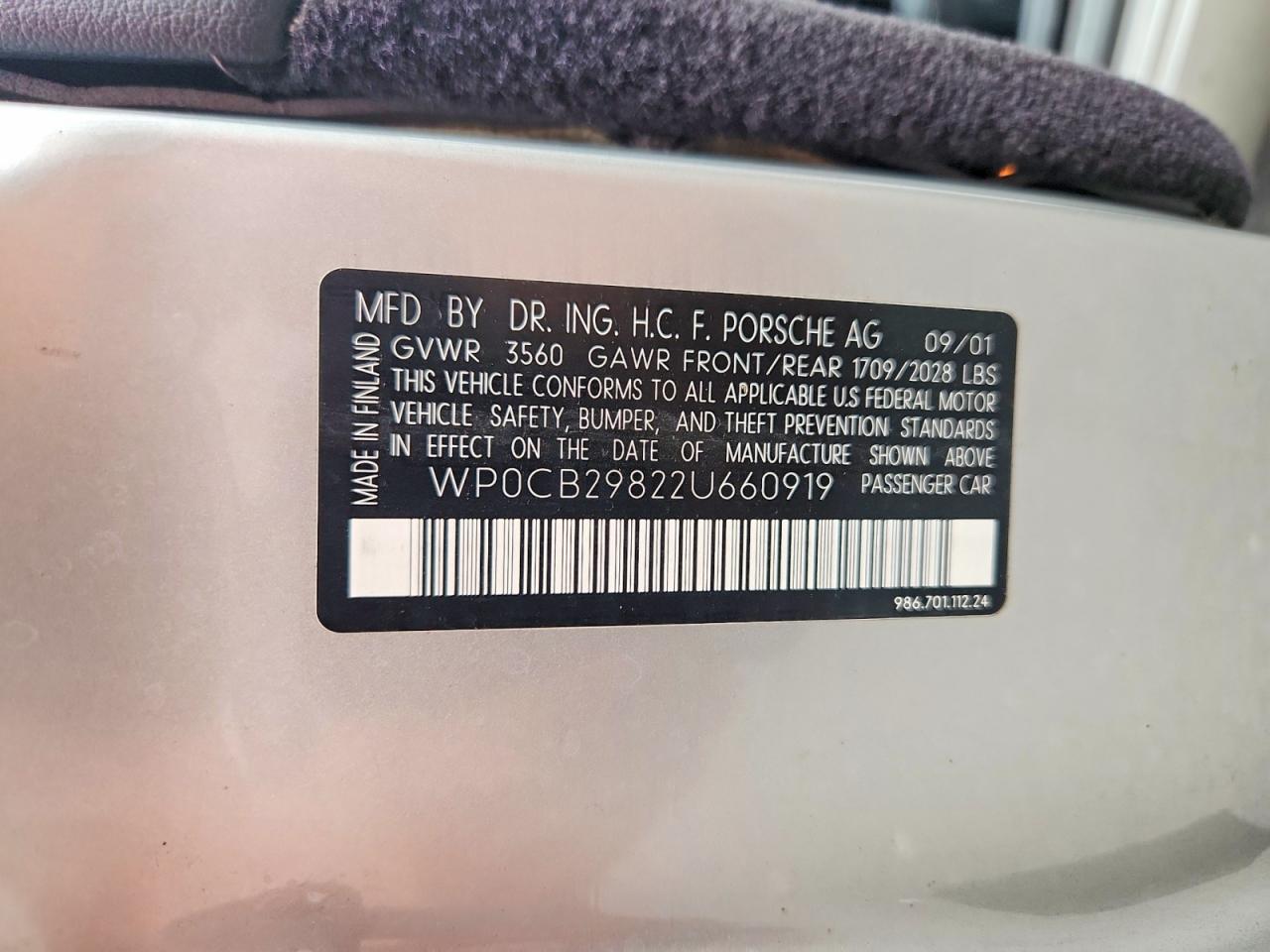 2002 Porsche Boxster S Silver vin: WP0CB29822U660919
