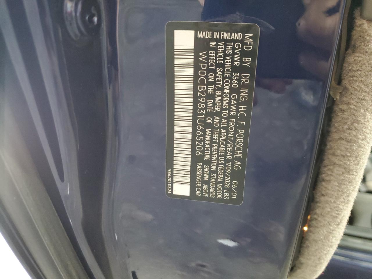 2001 Porsche Boxster S Blue vin: WP0CB29831U665206