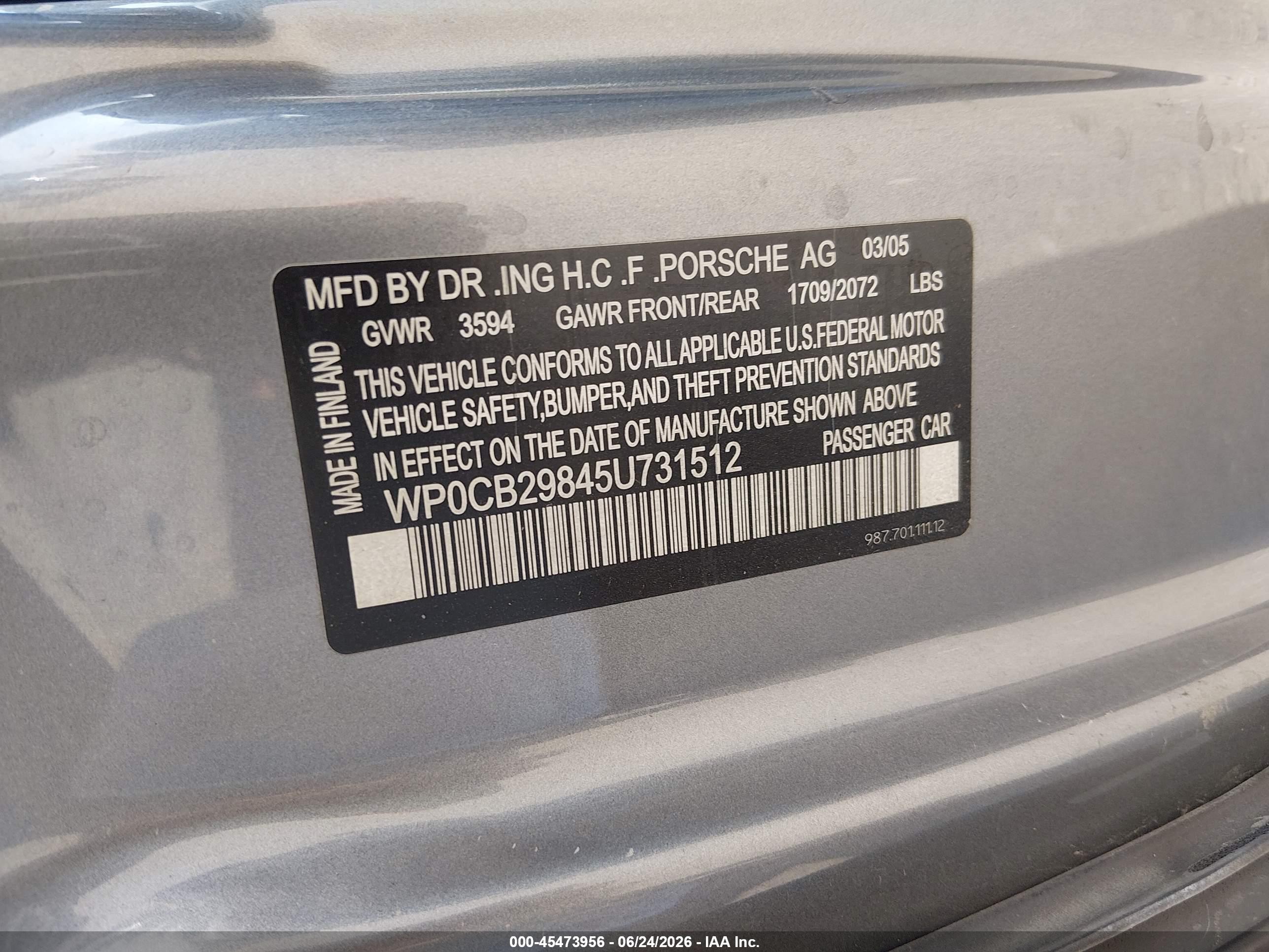 2005 Porsche Boxster S Серебряный vin: WP0CB29845U731512