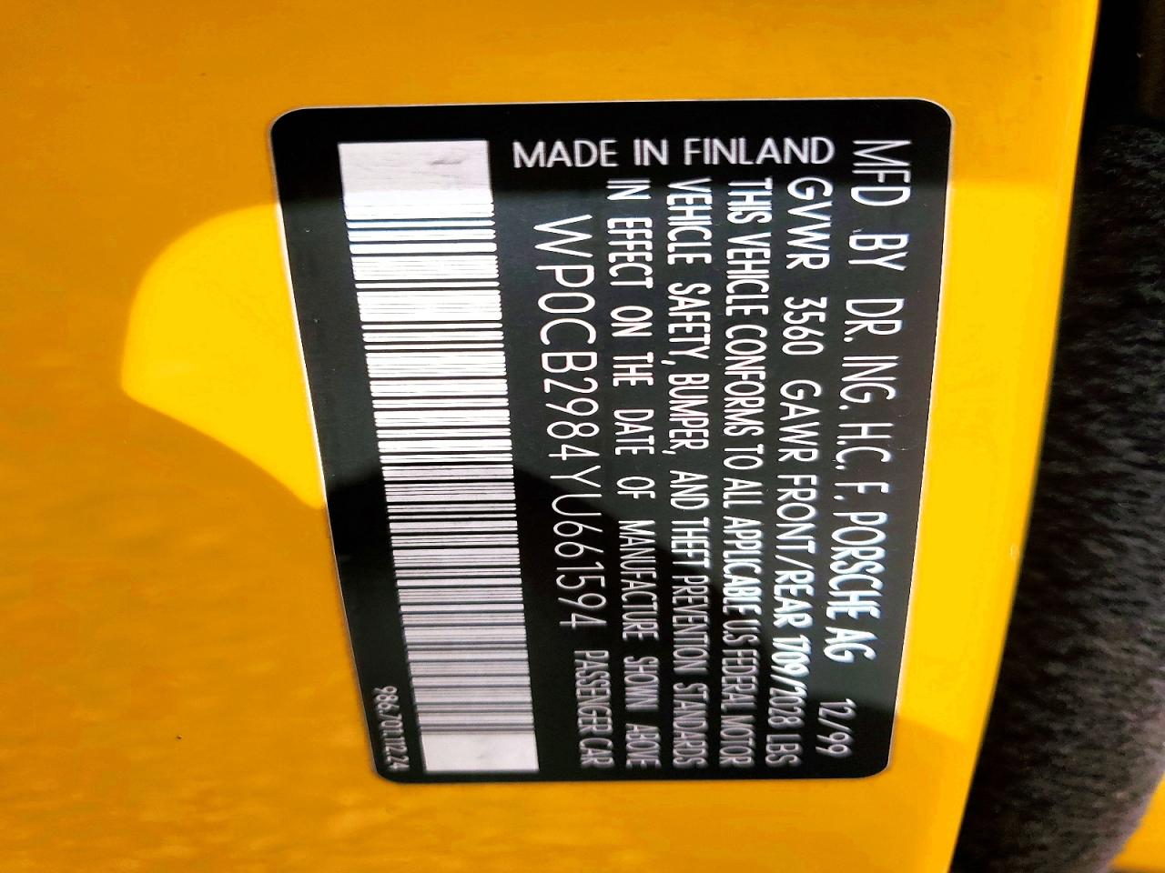 2000 Porsche Boxster S Yellow vin: WP0CB2984YU661594