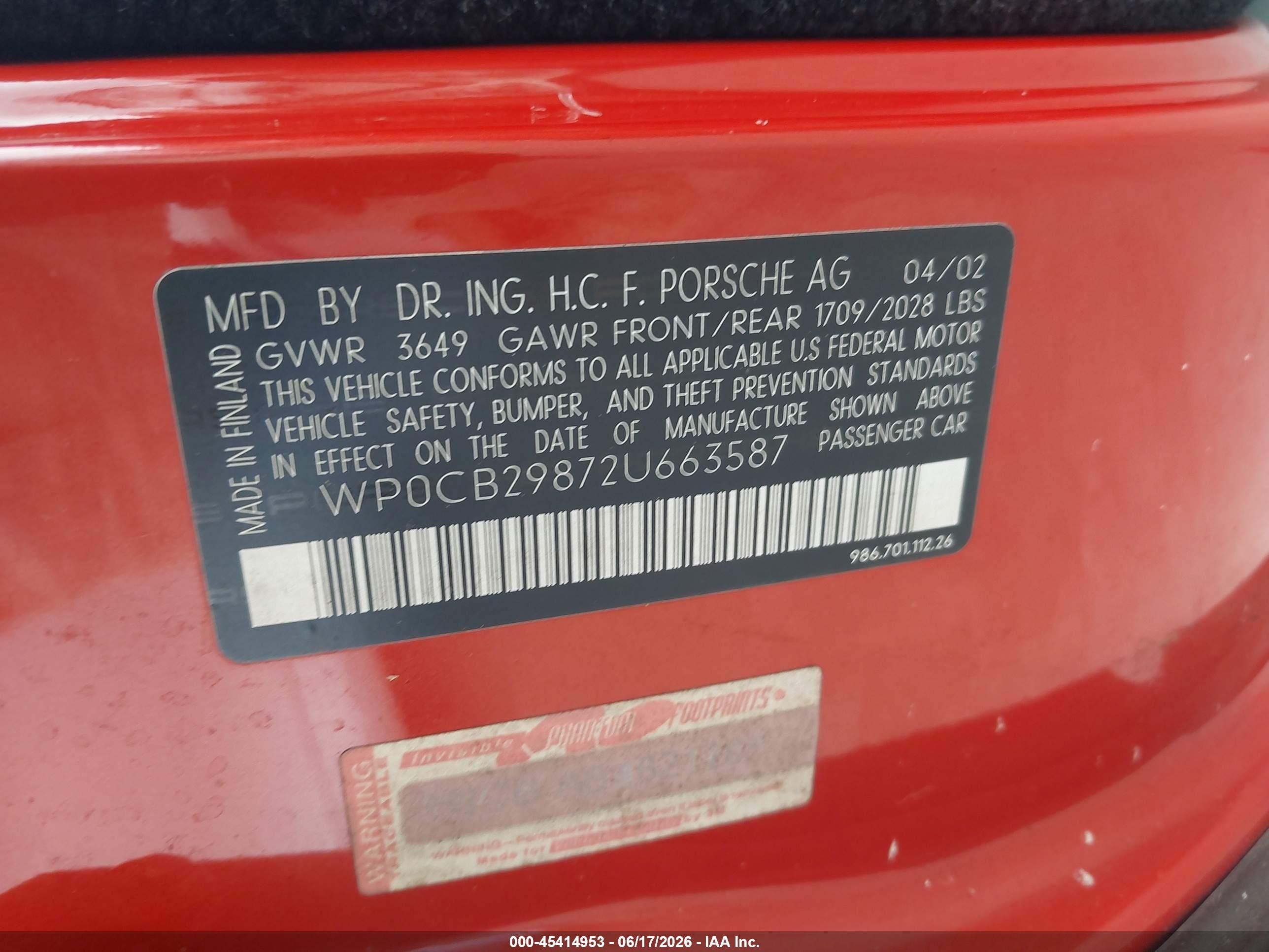 2002 Porsche Boxster S Orange vin: WP0CB29872U663587