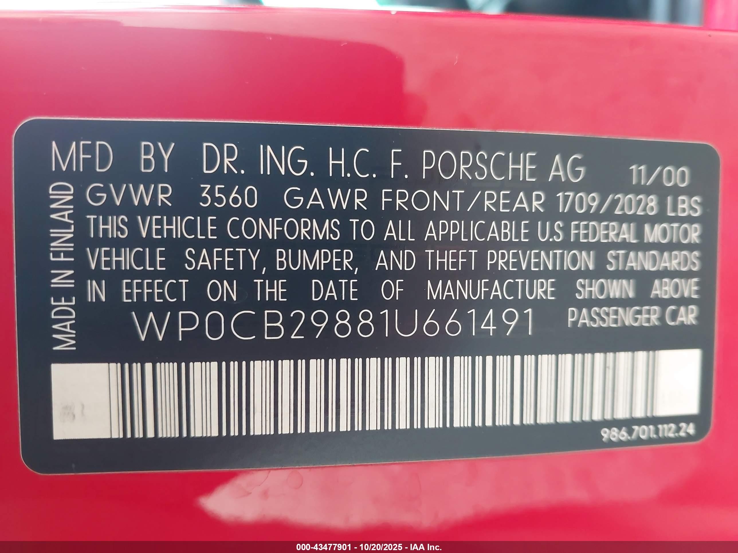 2001 Porsche Boxster S Red vin: WP0CB29881U661491