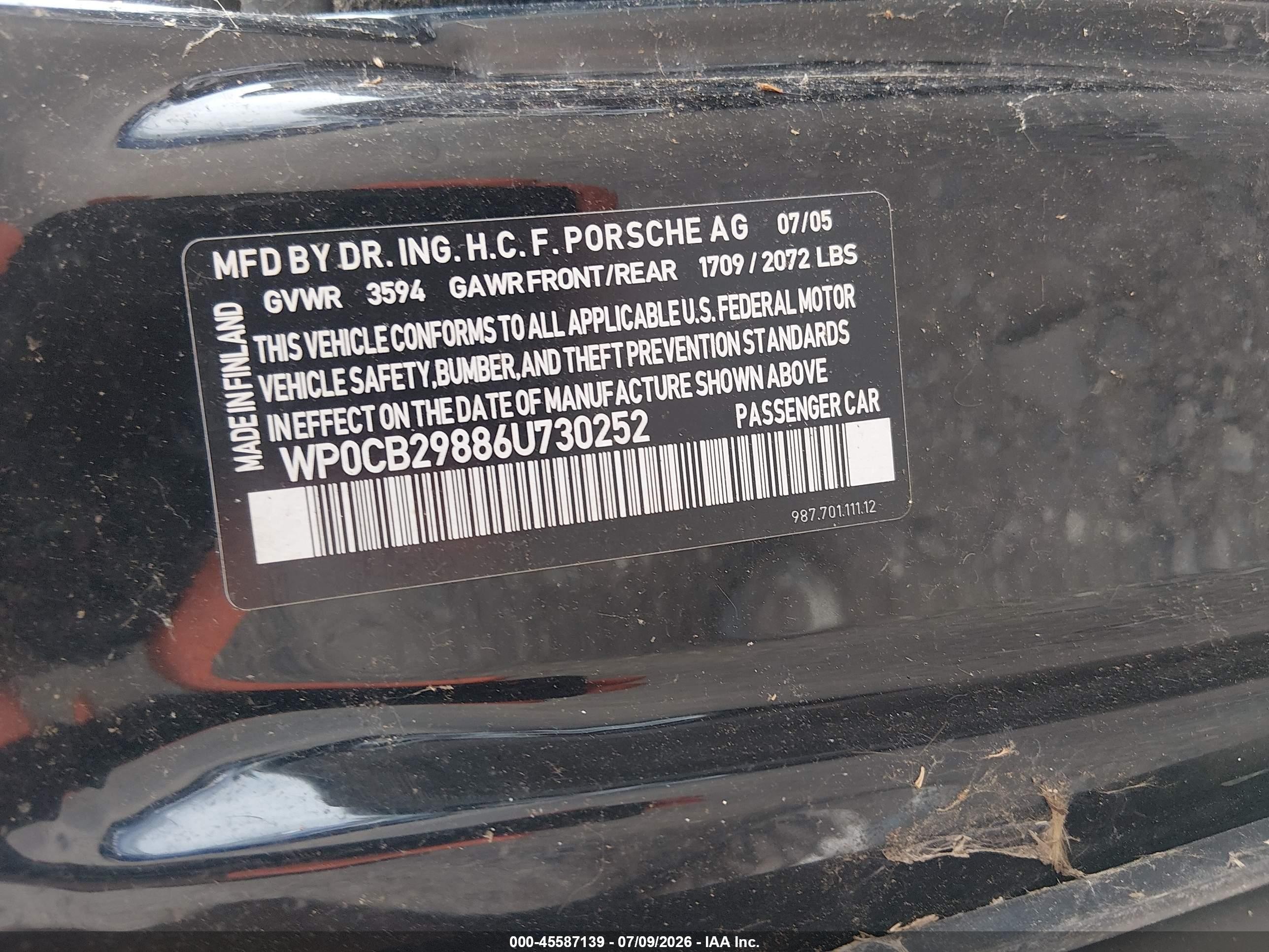 2006 Porsche Boxster S Black vin: WP0CB29886U730252