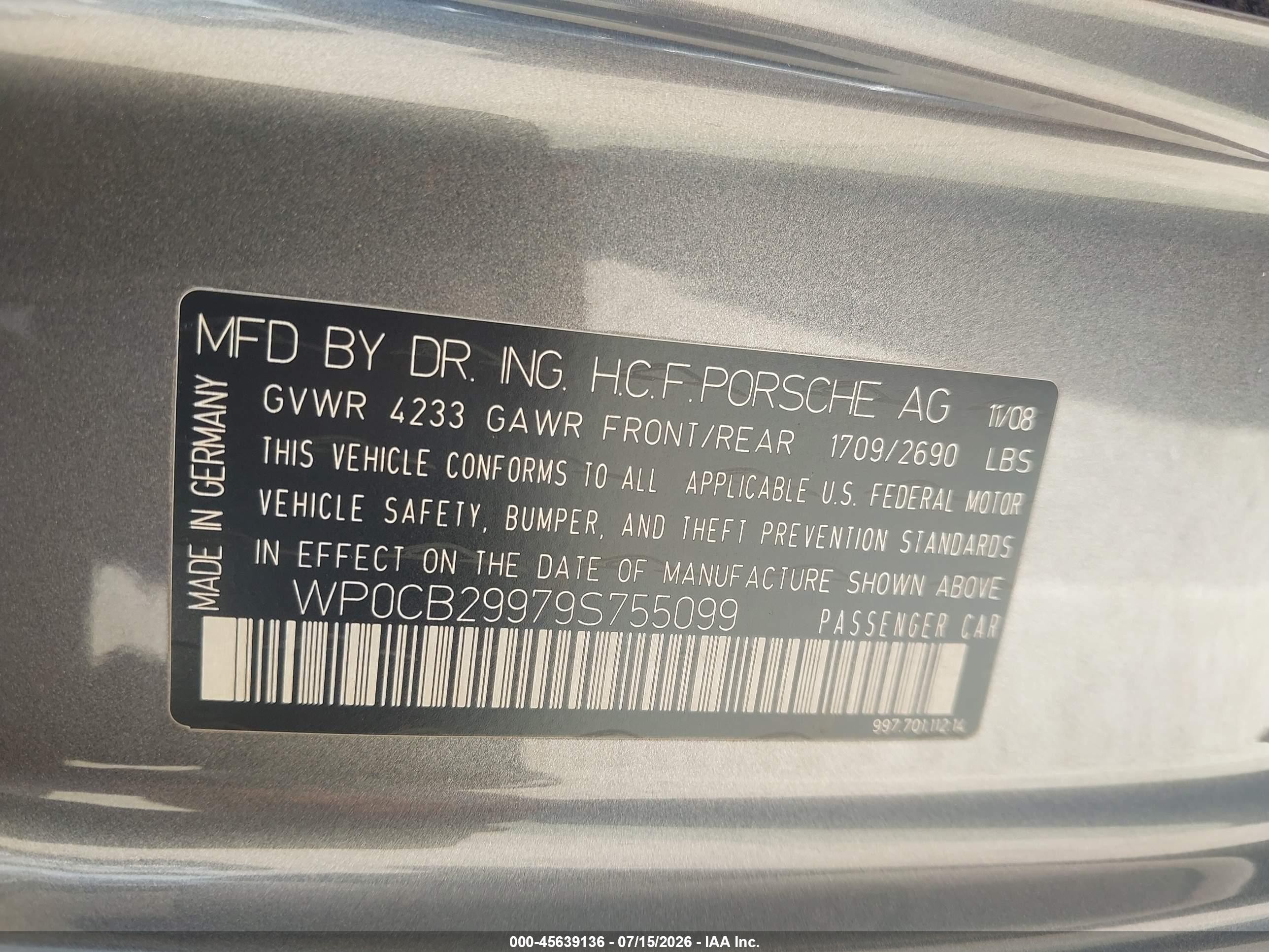 2009 Porsche 911 Carrera S Gray vin: WP0CB29979S755099